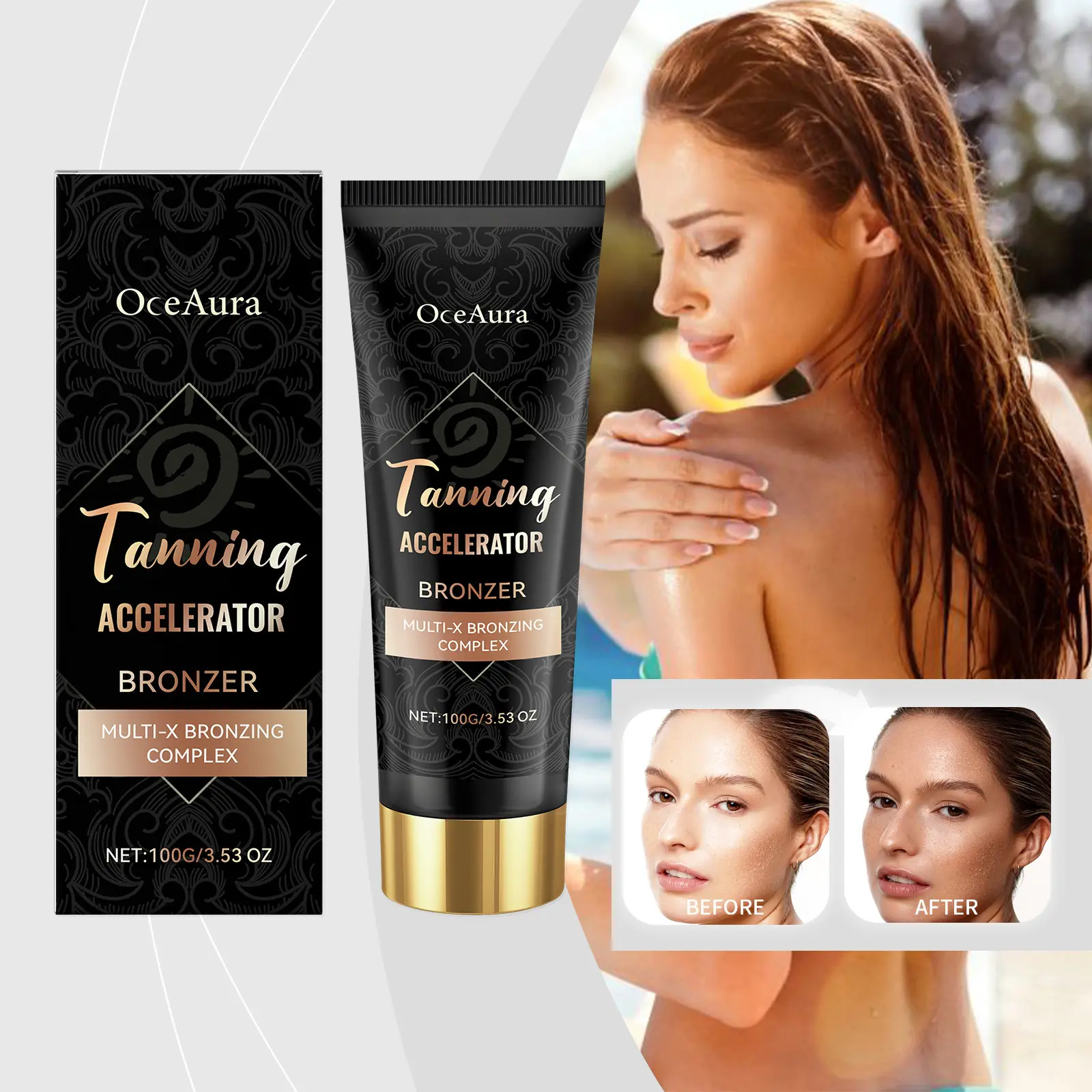 Oceaura Bronzer Lotion 100g, Fast Even Tan, Smooth Non-Greasy, Long-Lasting Color Lock, Beach Gym Indoor Use, Universal Bronzing Milk