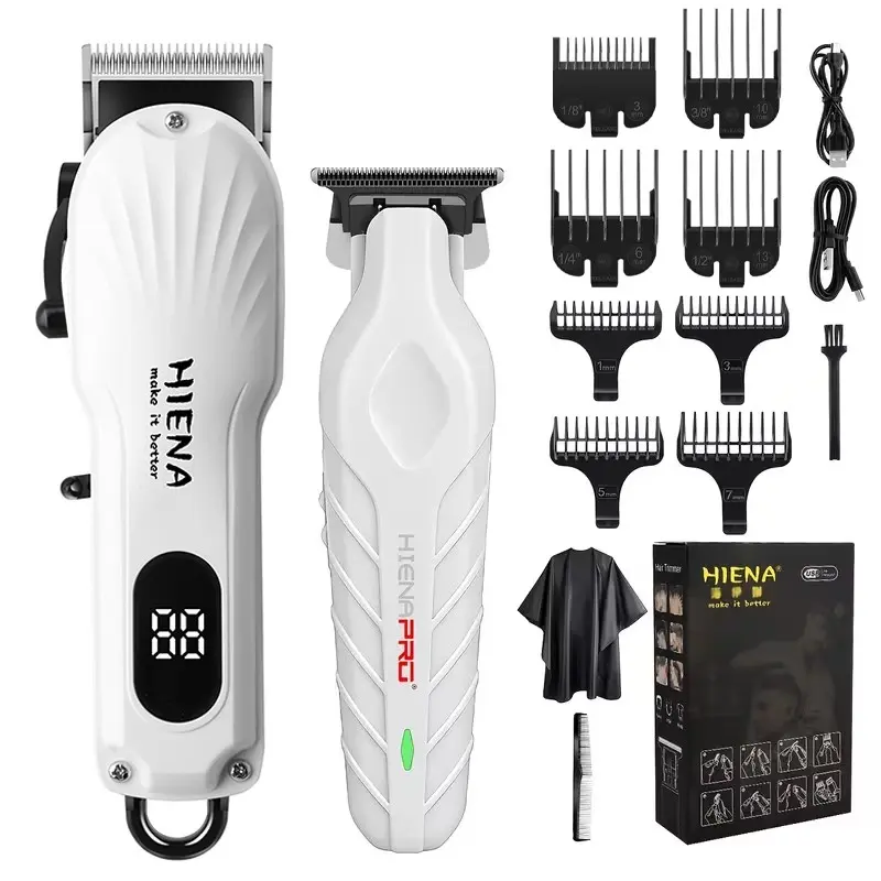 HIENA Men's Electric Hair Clipper Set, Home Styling Tool, Beard Trimmer, LCD Digital Display, Portable Hair Clipper Set, Father's Day Gift White Hair Clipper Two Piece Set