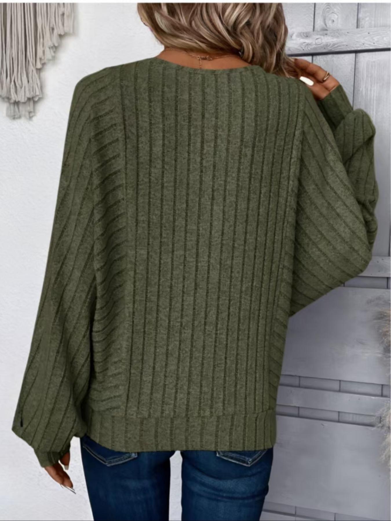 Women's Casual Loose-fit Thermal Top, Comfortable Plain Knitted Round Neck Lantern Sleeve Top for Fall & Winter Seasons Knitwear