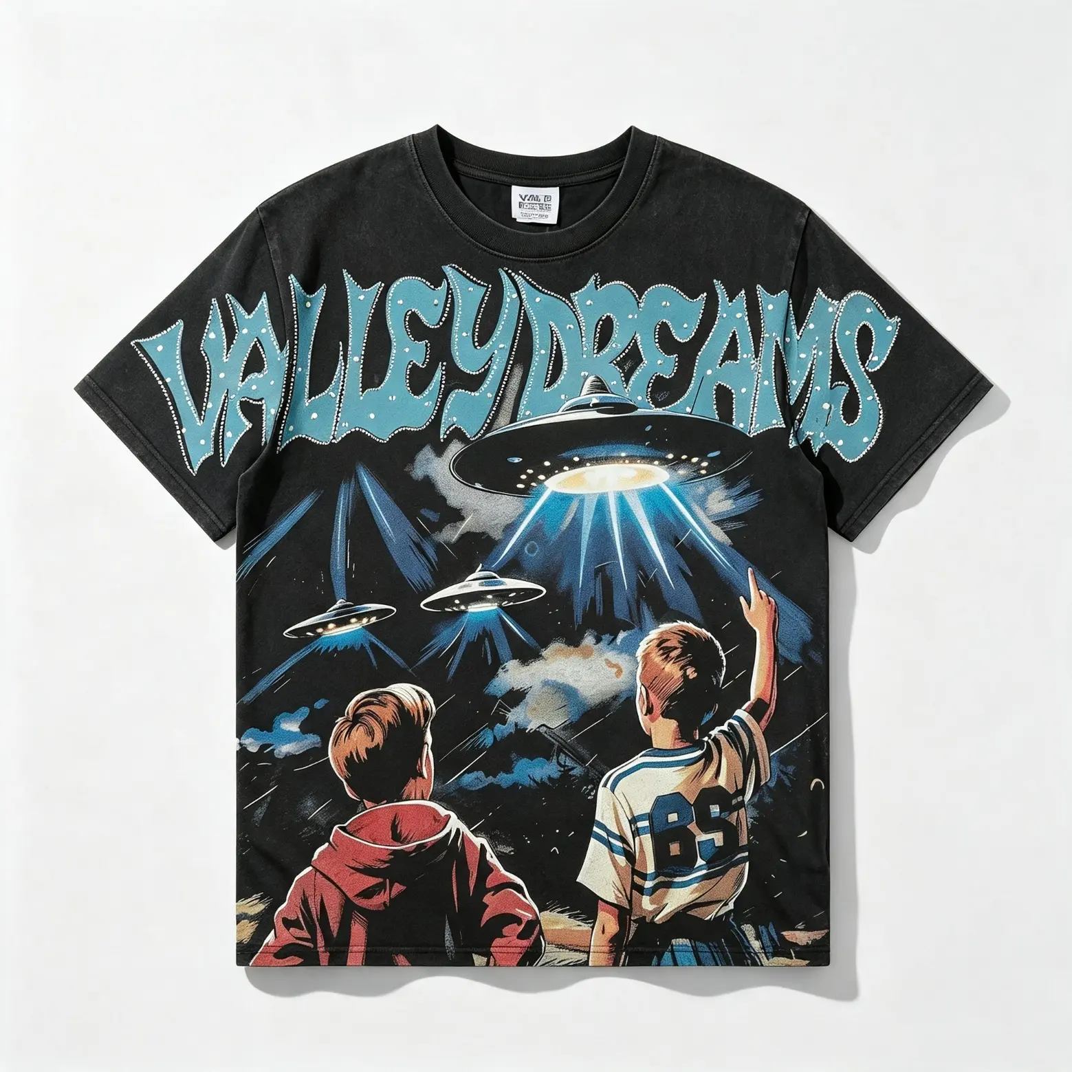 VALLEY DREAMS Vintage Wash Rhinestone Graphic Print T-Shirt 100% Cotton Oversized Loose Fit Y2K Streetwear Hip Hop Tee Drop Shoulder Casual Summer Shirt for Men Women Gift Idea Menswear Tops