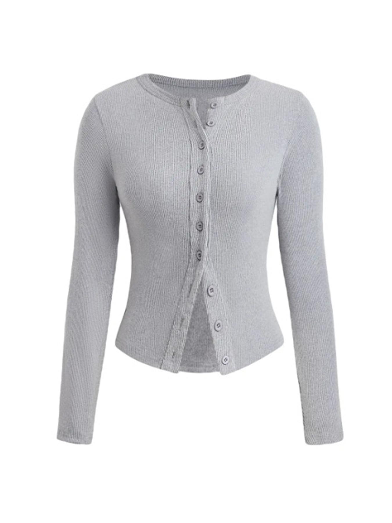 Basic Solid Color Round Neck Button Long Sleeve Slim Top