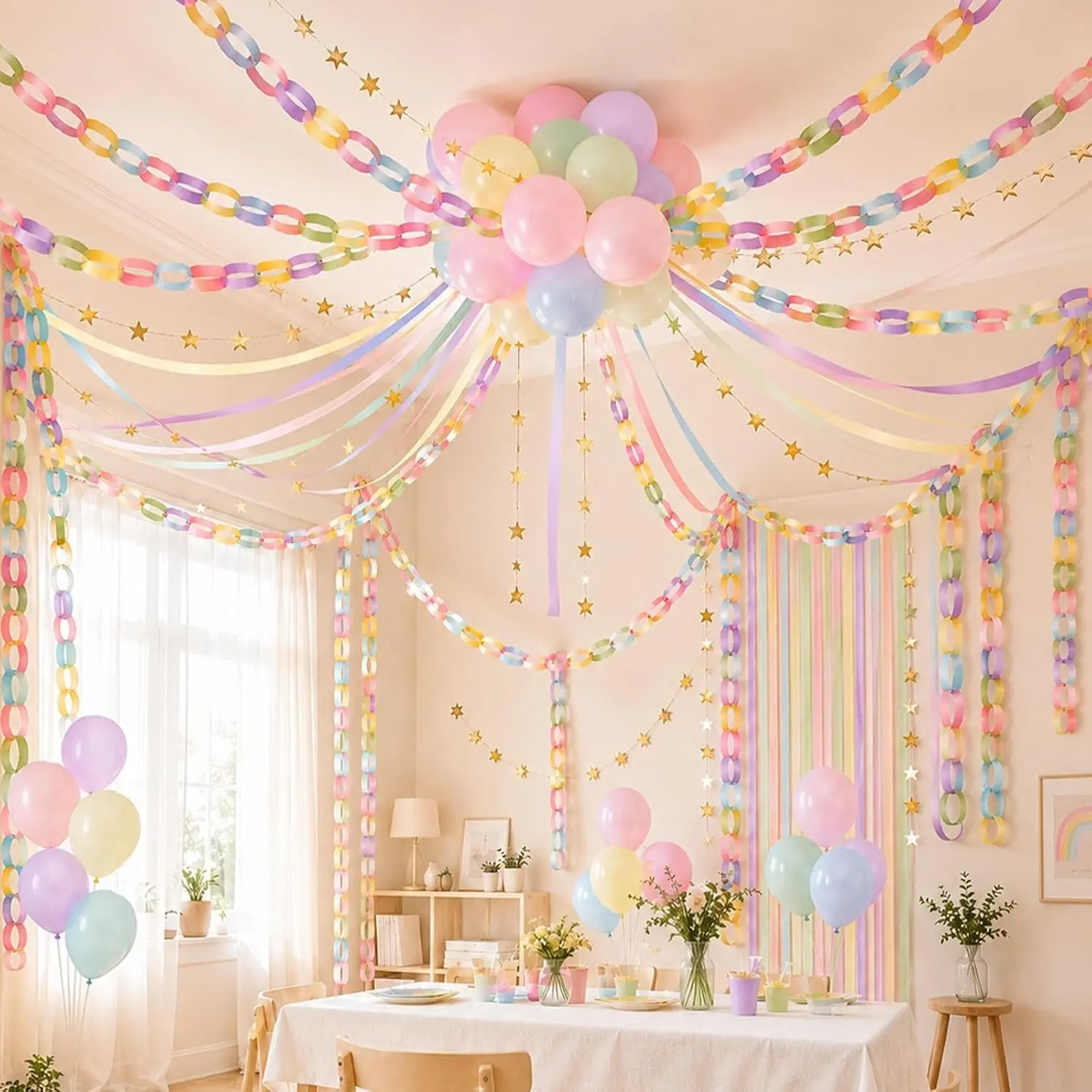 Paper Chain Garland Kit 400 Pcs DIY Crafts Party Decor | 8-Color Stretchy Crepe Paper Streamers, Gold Stars, Balloons for Birthday, Wedding, Baby Shower Decorations & Photo Backdrops