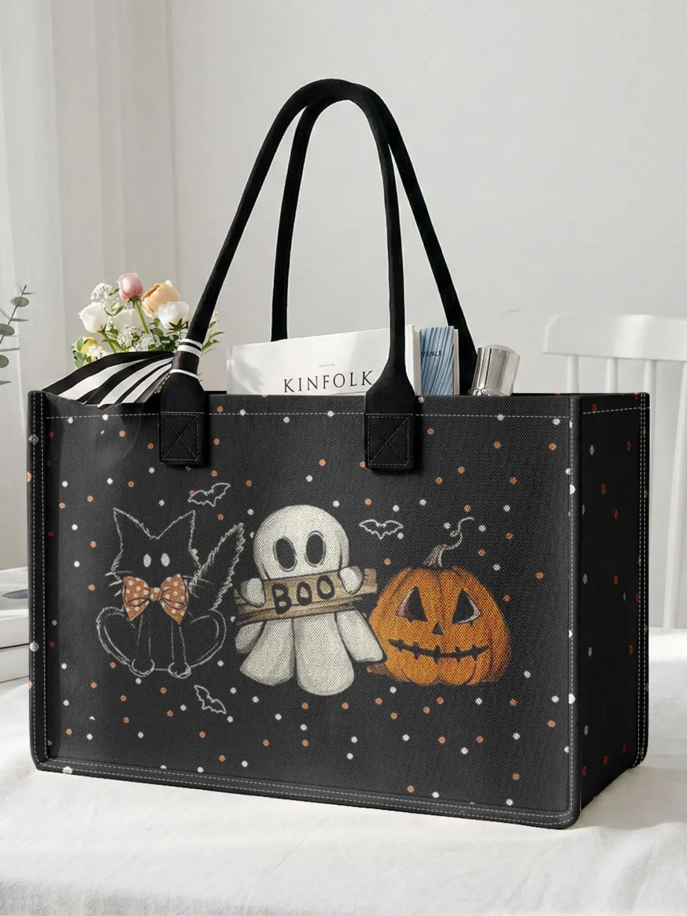 Halloween Ghost and Pumpkin Print Large Capacity Storage Bag with Sturdy Handles, Space-Saving Multi-Purpose Tote for School Travel Shopping