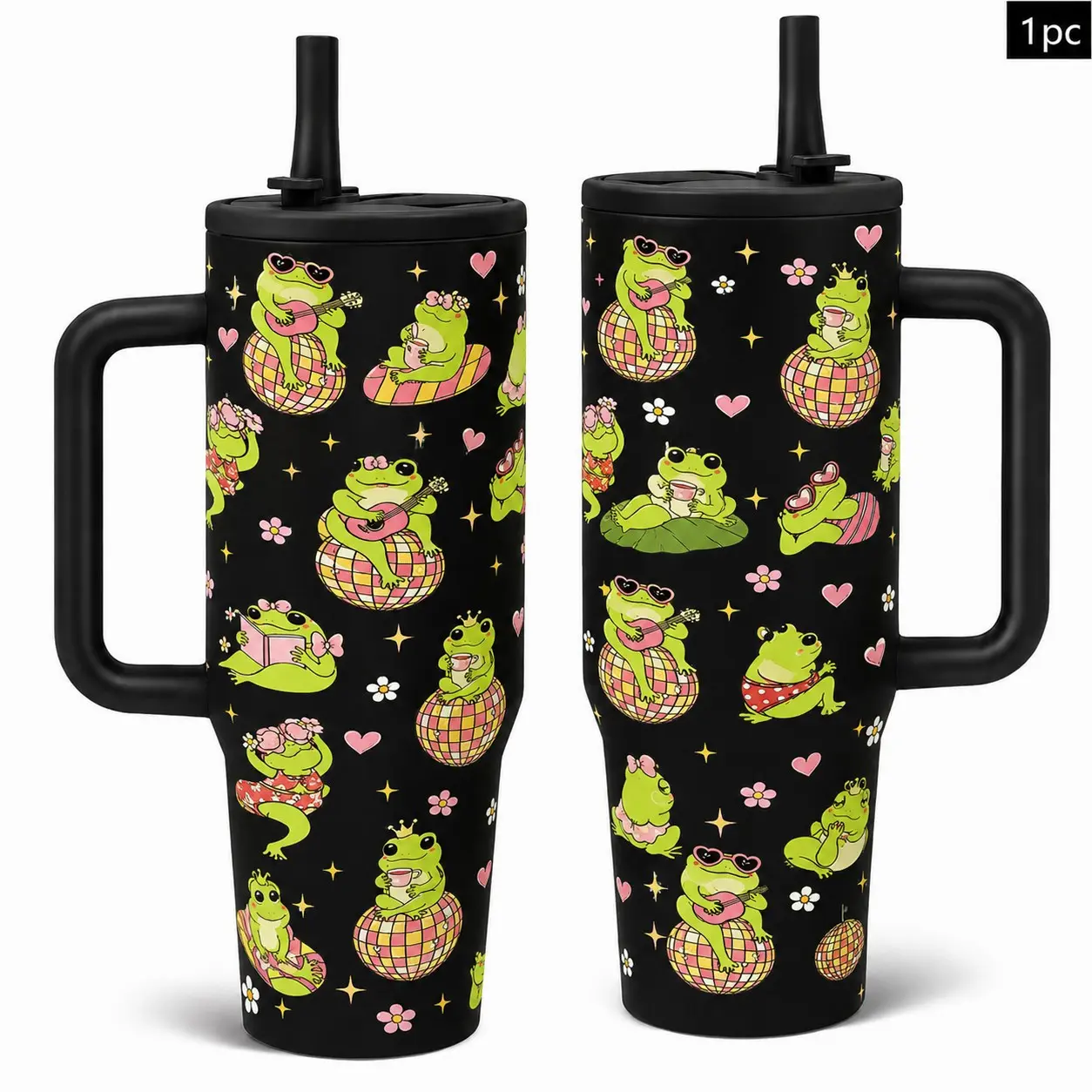 1PC 40oz Cute Frog Heart Floral Pattern Insulated Valentines Tumbler with Handle & Flip Straw Lid, Double Wall Vacuum Leak-Proof Travel Mug, Hot 12H Cold 24H, Large Capacity Cup for Men Women, Birthday Valentine Christmas Gift, Insulated Vacuum Drinkware