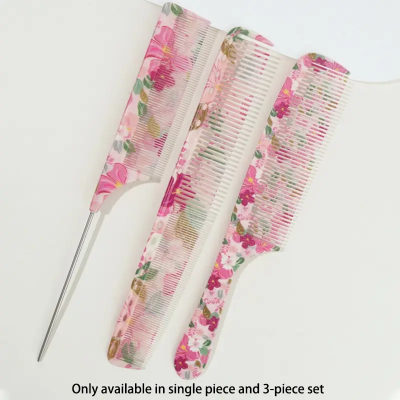 Durable Abs Hair Comb Set, Metal & Abs Handle, Floral Print, Fine Teeth for Smooth Hair, Steel Tip for Styling, 1-3 Pieces