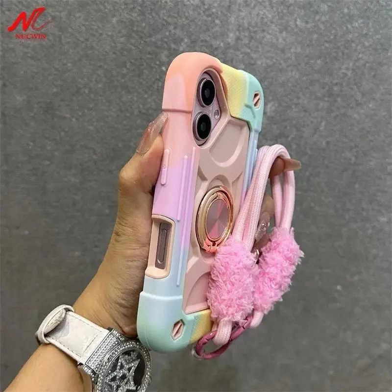 Luxury Heavy-Duty Ring Holder Lanyard Smartphone Casing, Handheld PC-TPU Armor Protection Accessory for iPhone 11,12,13,14,15,16,16e,16 Pro Max,17 ProMax Plus