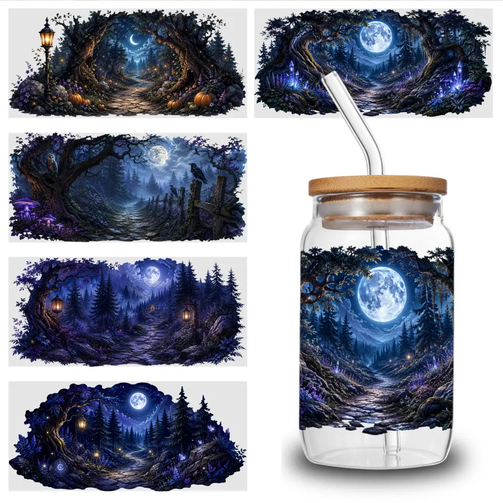 5 Sheets High-Quality Mystic Forest UV DTF Stickers - Waterproof Self-Adhesive 3D Crystal Labels for 16oz Glass Mugs, Water Bottles, Cup Packaging Transfer & Practical Wraps (Scratch-Resistant)