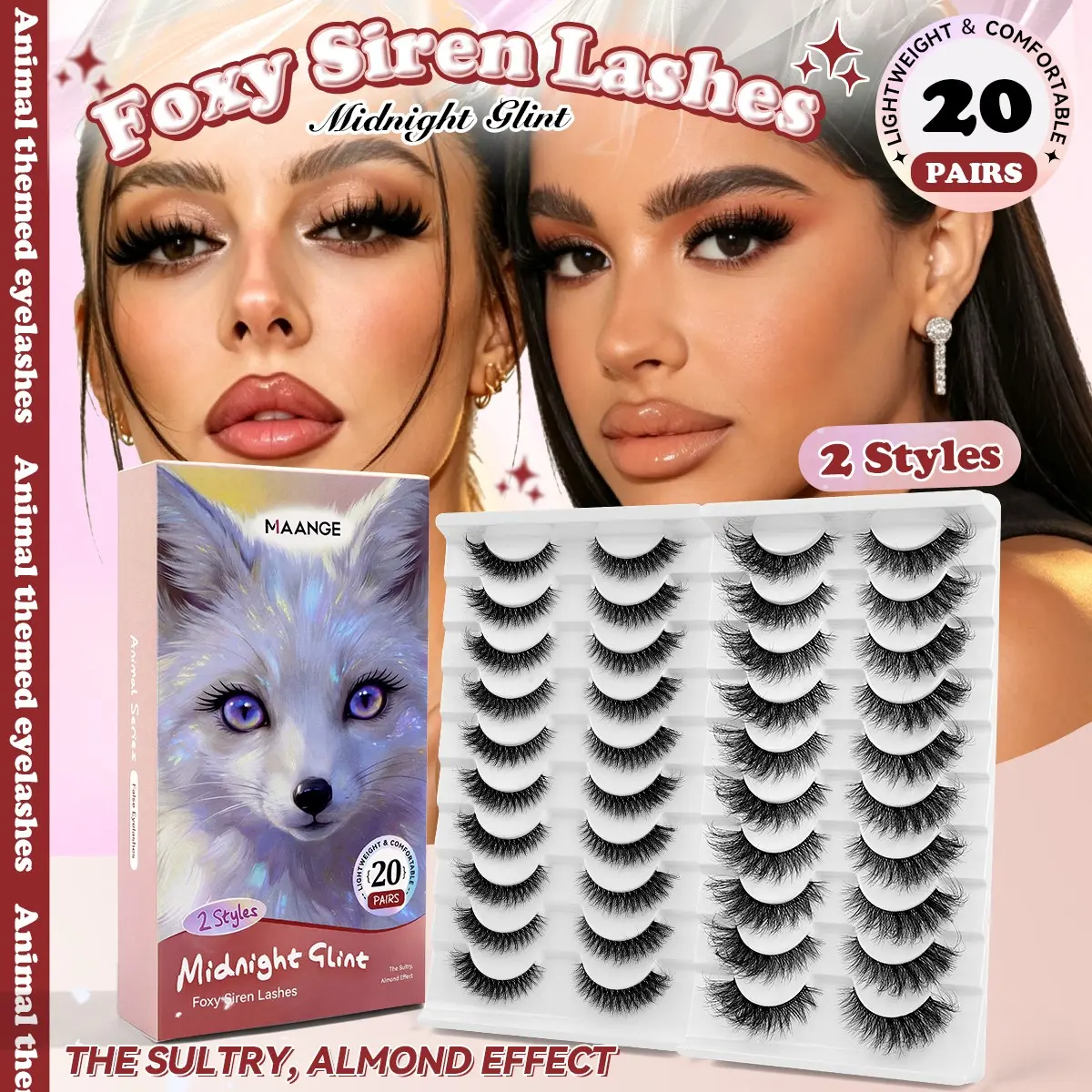 MAANGE 20 Pairs Foxy Siren Lashes, D Curl Almond Eye False Eyelashes, 2 Styles Lightweight Comfortable Lash Set, Sultry Winged Effect, Reusable & Easy to Apply, TikTok Viral Cat Eye Lashes