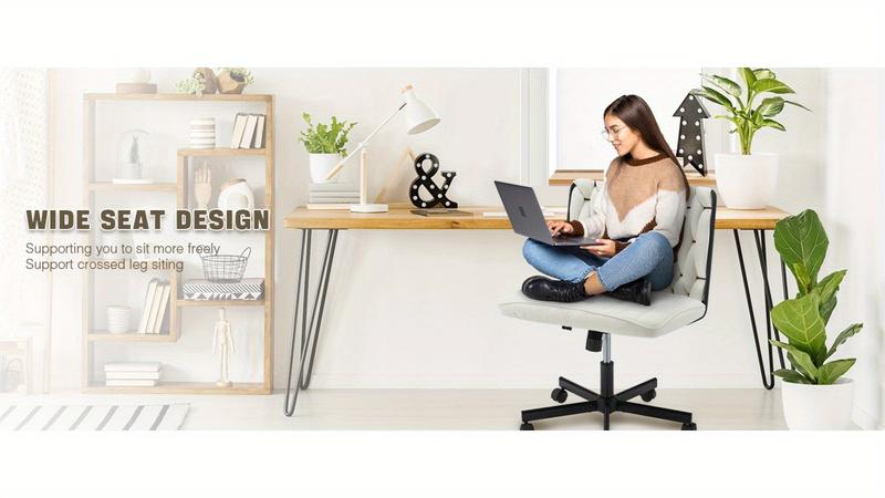 Criss Cross Desk Chair with Wheels, Extra Wide Armless Chair with Flannel Cushion, Adjustable Height & 135° Recline, Cross-Legged Office Chair for Home, Vanity, Study Room, Beige Criss Cross Desk Chair with Wheels, Extra Wide Armless Chair with Flannel Cushion, Adjustable Height & 135° Recline, Cross-Legged Office Chair for Home, Vanity, Study Room, Beige