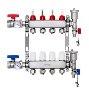 VEVOR 4-Branch Radiant Heat Manifold, 1/2" PEX Tubing Manifold, Stainless Steel PEX Manifold for Hydronic Radiant Floor Heating, Radiant Heat PEX Manifold Kit with 1/2" Adapters Included