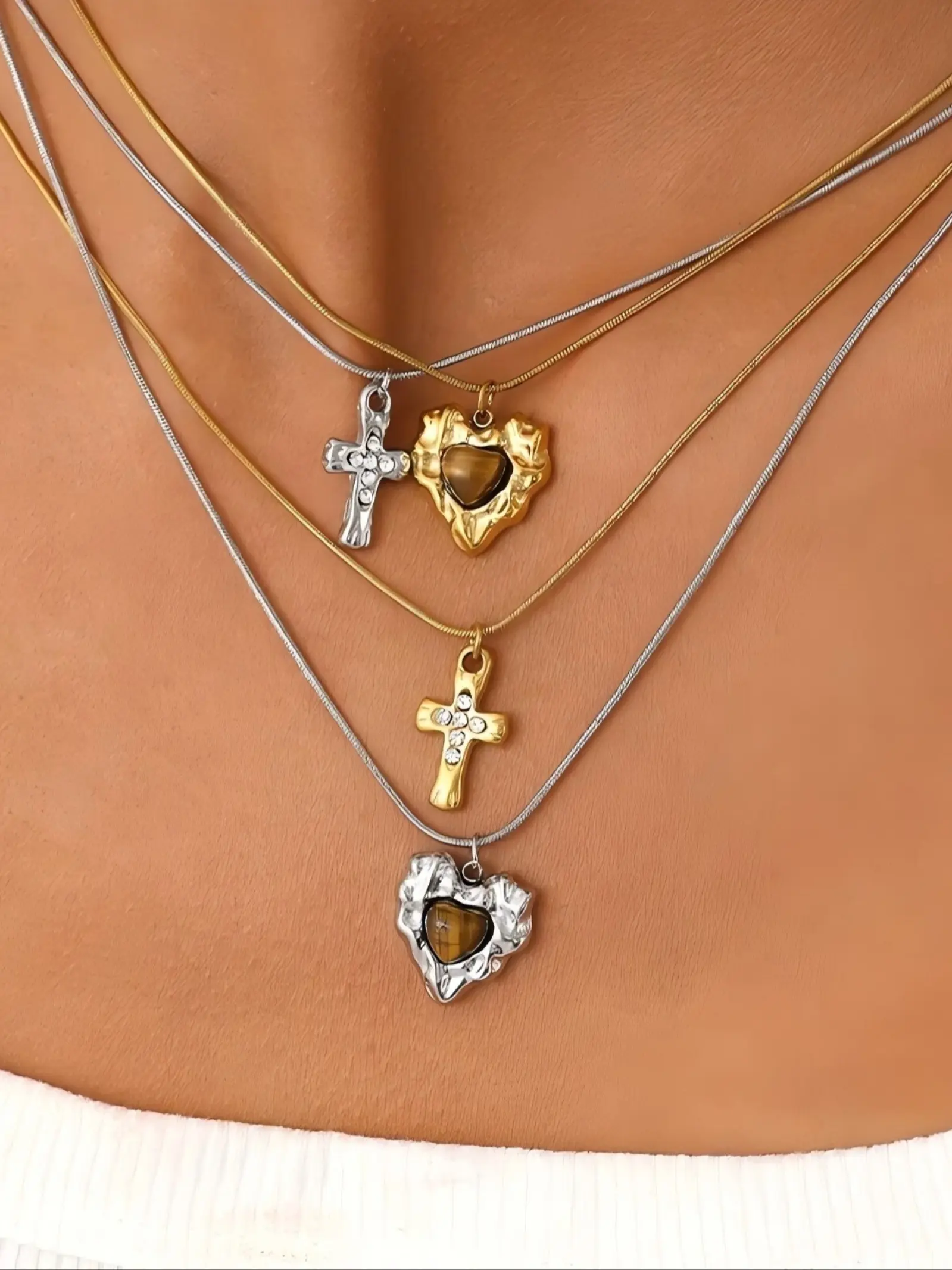 Women's Tiger Eye Cross Necklace, Waterproof, Fade-Resistant, 304 Stainless Steel, 18k Pvd, Adjustable Chain, Elegant Style