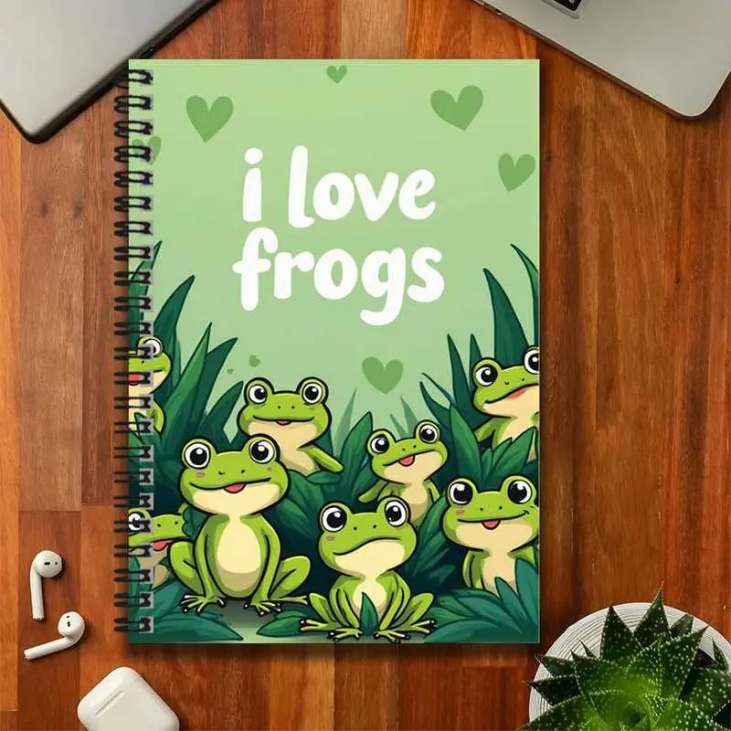 A cute frog-themed spiral notebook with a fresh green cover and adorable frog patterns, overflowing with love for frogs. Suitable for various scenarios such as work records, study notes, diary writing, and daily planning, it is a thoughtful gift choice fo
