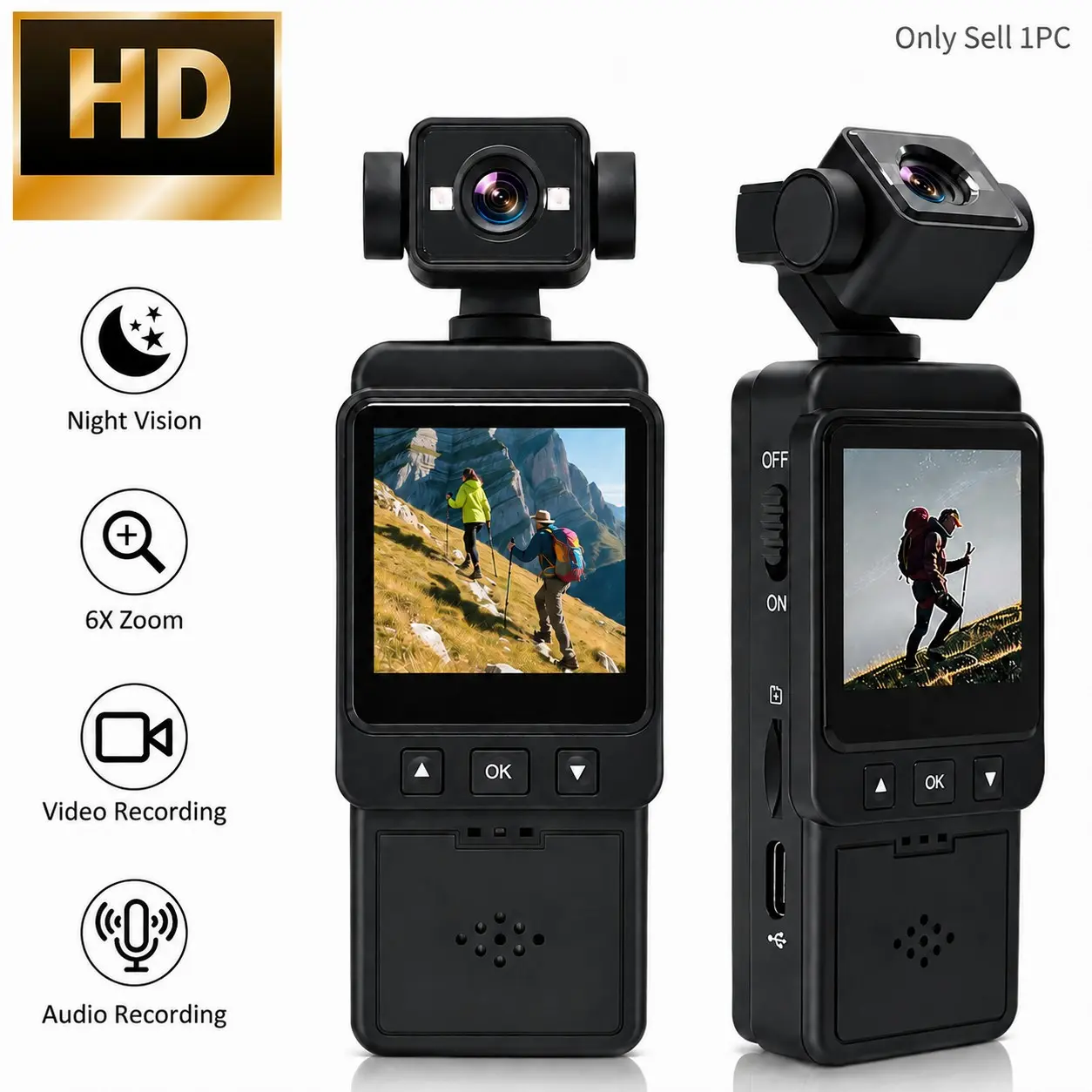 HD Action Camera with 6X Digital Zoom, WiFi Pocket Body Cam, 270° Rotating Lens,Color Night Vision,Vlogging Camera,Sport DV,POV Camera