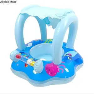 Anti Tip Inflatable Baby Swim Float With Sun Canopy Interactive Toy Bar Toddler Safe Pool Training Ring Summer Beach Vacation Gear