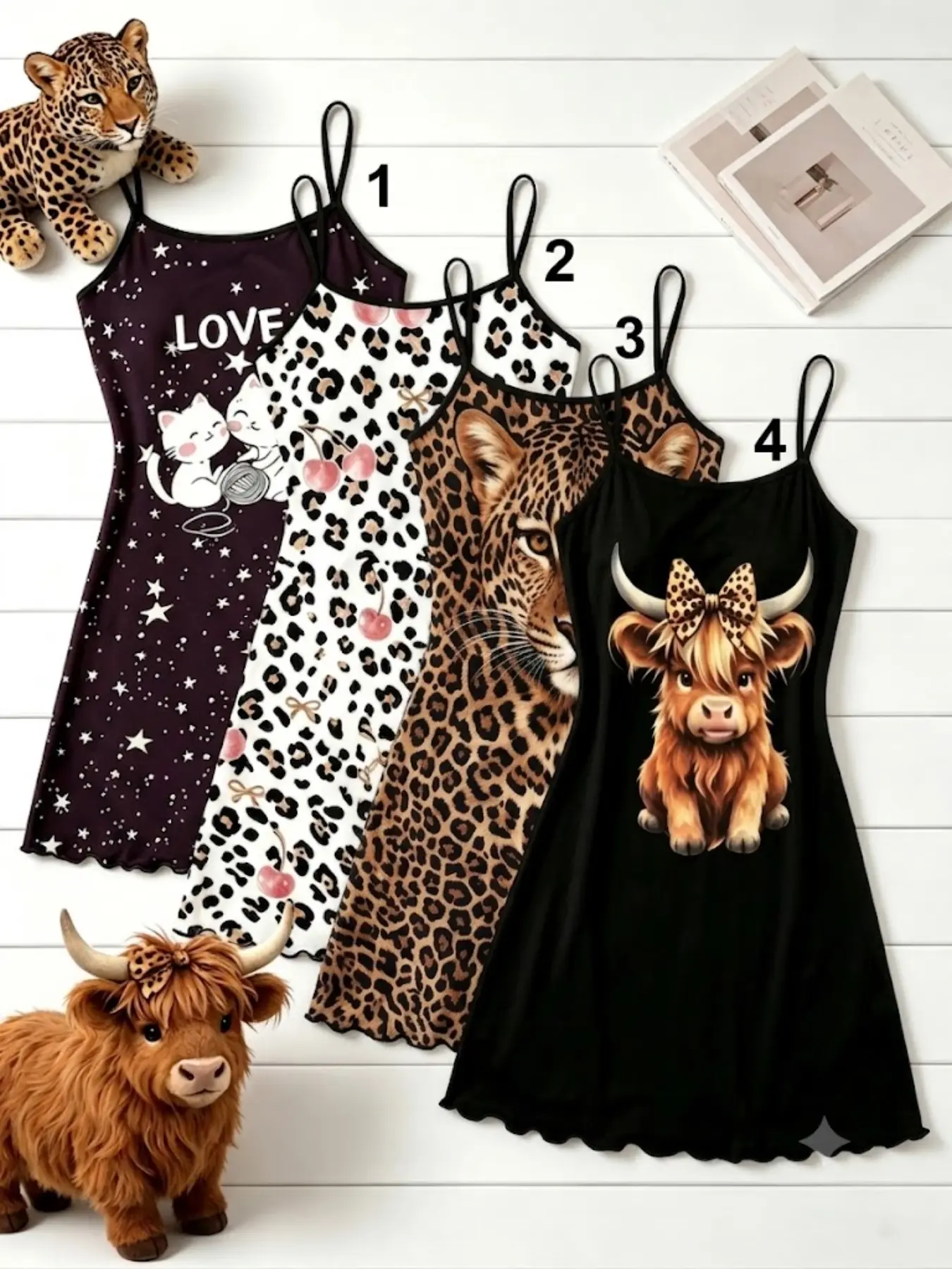 4 Pack Viral 2026 Trending Best Seller Women's Sleepwear Nightwear Loungewear Highland Cow Leopard Cat Cherry Print Summer Spaghetti Strap Ruffle Hem Ultra Soft Slip Dress Lightweight Comfy Breathable Casual Nightgown for Daily Wear