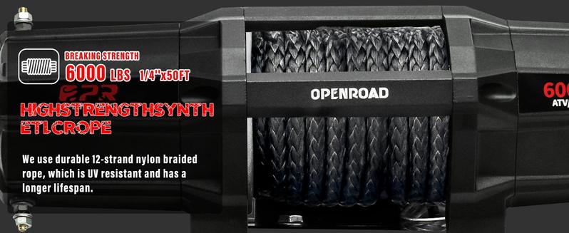 OPENROAD 6000 lbs UTV Winch, Waterproof IP67 Electric Trailer 6k Winch with 1/4"×50ft Synthetic Rope,Wireless Remote and Winch Stopper (6000lb with Mounting Plate)