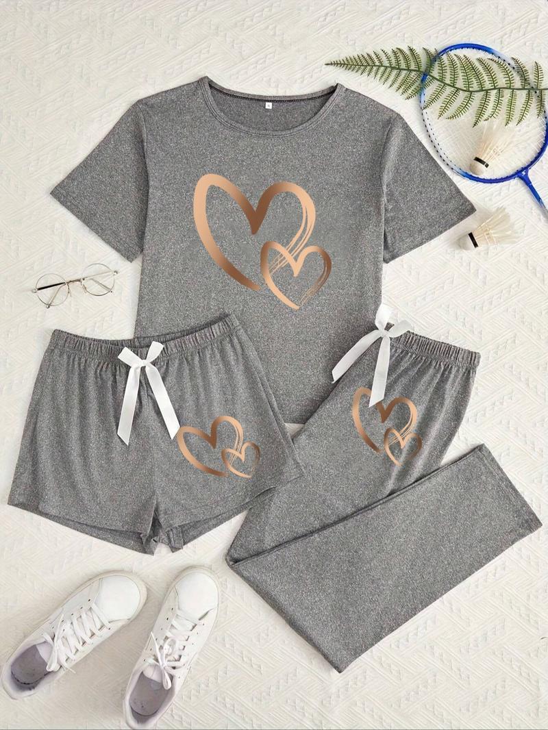 Women's Heart Print Tee & Pants & Shorts Pyjama Set, Casual Comfy Round Neck Short Sleeve T-Shirt & Trousers & Shorts PJ Set, Ladies Sleepwear for All Seasons, Loungewear, Shorts Pajama Set