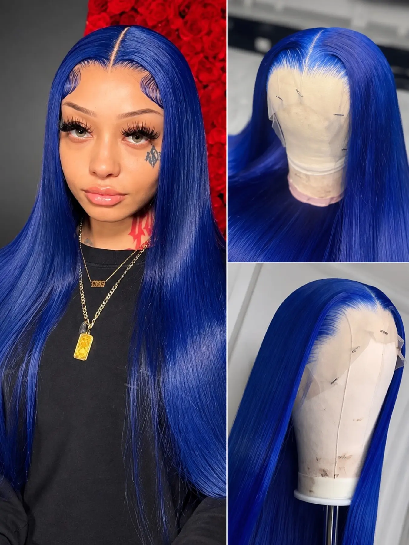 Blue Lace Front Wig, 180 Density, Long Straight, Pre-Plucked, Heat Resistant, Synthetic Fiber, 32-Inch, No Glue Wig, Chic Daily Style for Women