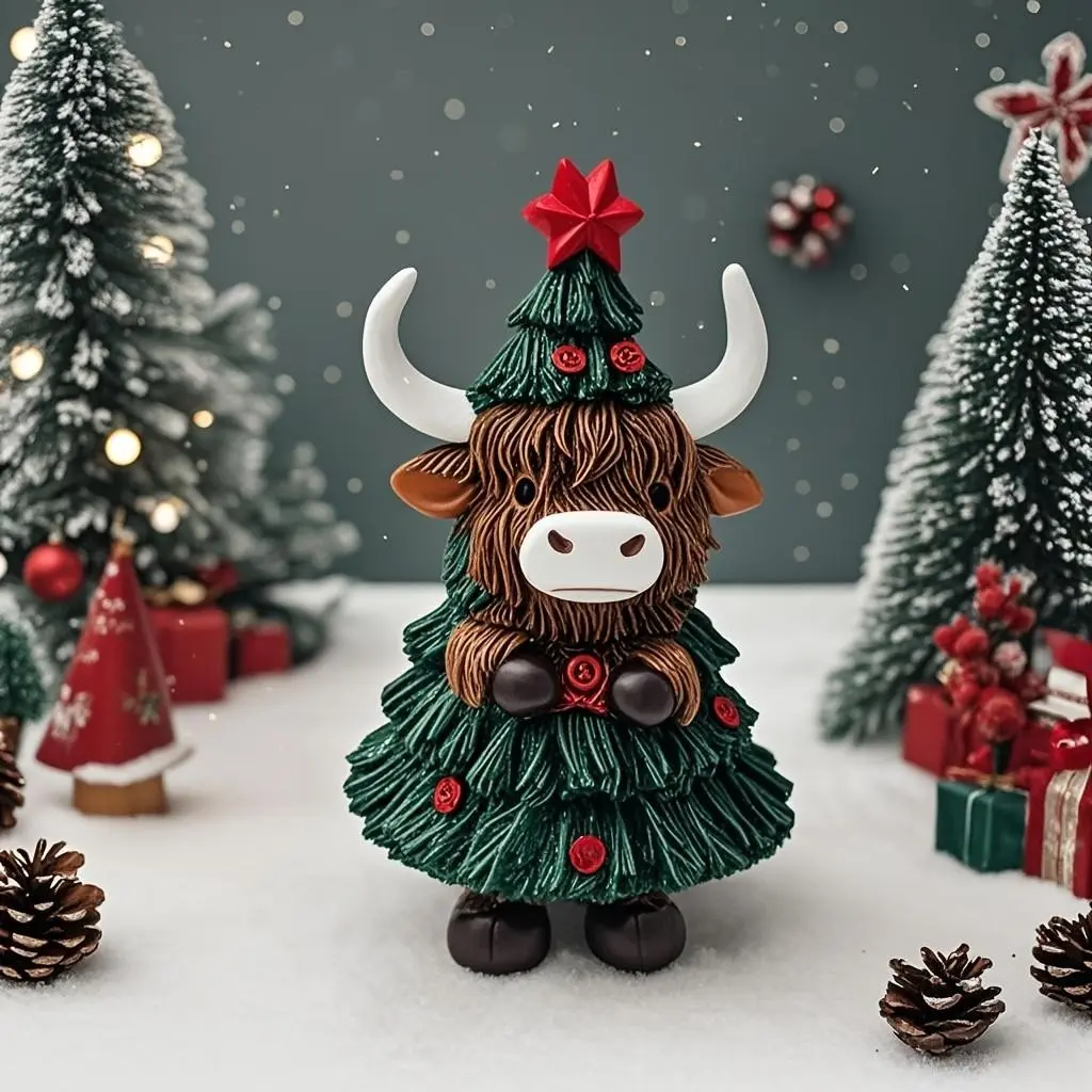 Whimsical Christmas Highland Cow Statue, Festive Resin Tabletop Decor, Berries & Pine Cones, Indoor Holiday Home Decoration