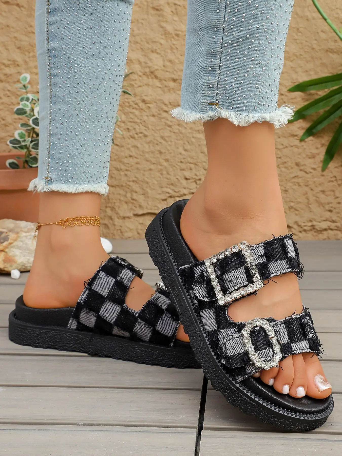 American Retro Summer Plaid Buckle Platform Sandals, Checkered Dual Strap Flip Flops, Rhinestone Buckle Thick Sole, Casual Women's Shoes, Embellished Platform Sandal, Casual Fashion Sandals