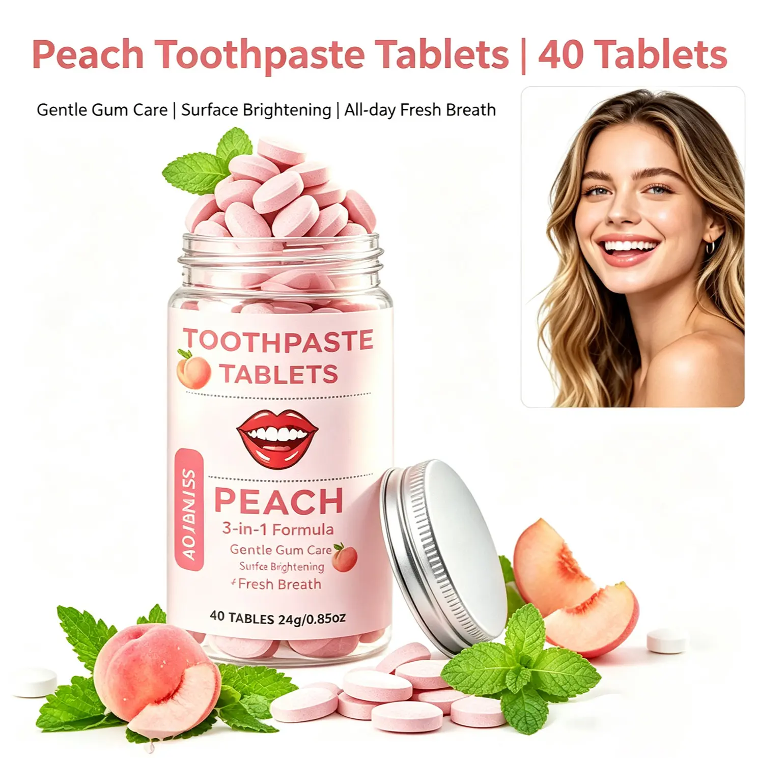 Adjaniss Peach Toothpaste Tablets, Fresh Breath, Brighten Teeth, Portable Travel Pack, Family Use, Deep Clean, Gentle Whitening, 24g