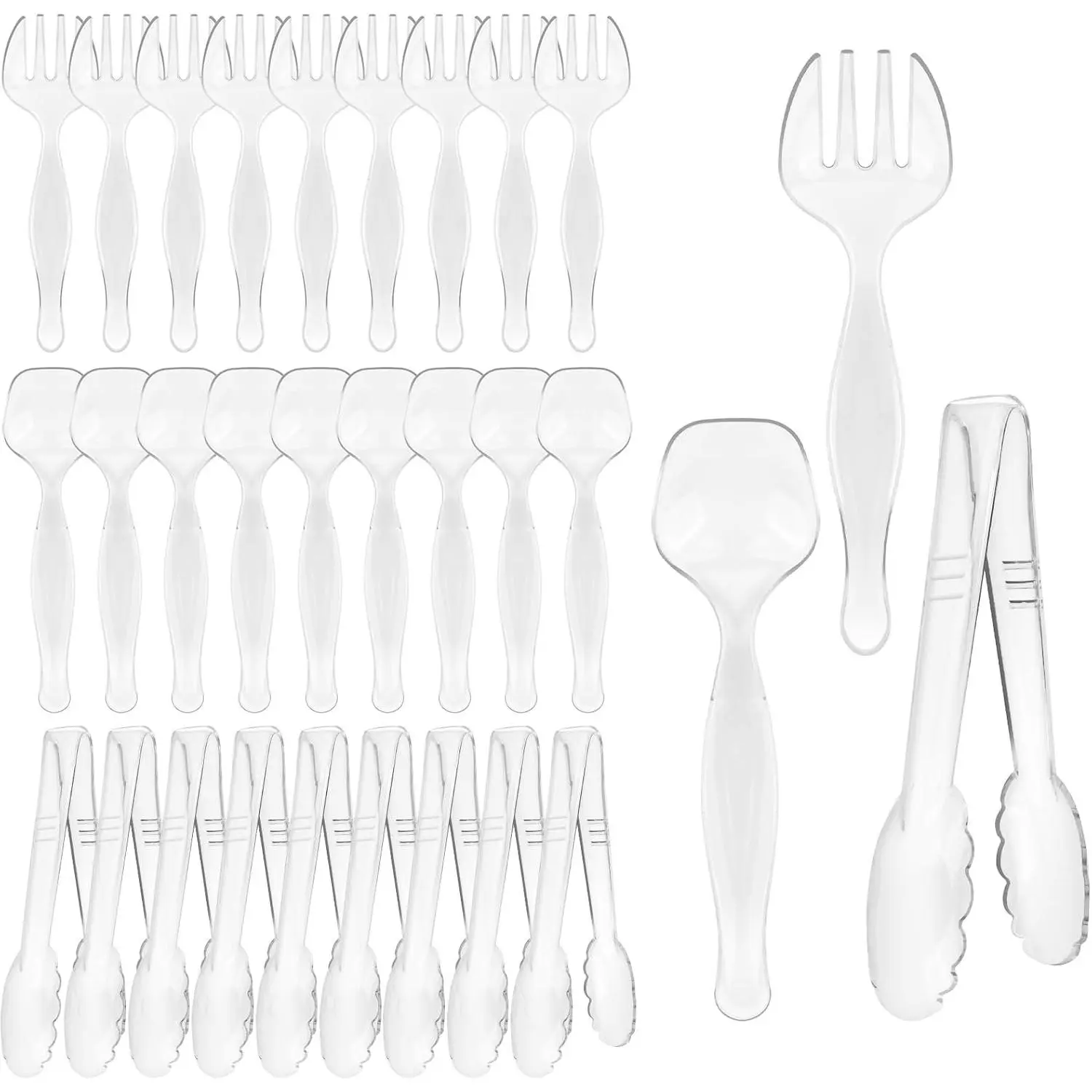 30-Piece Clear Plastic Serving Utensils Set with Spoons, Tongs, and Forks - Heavy-Duty Disposable Serveware for Parties, Holidays, and Events