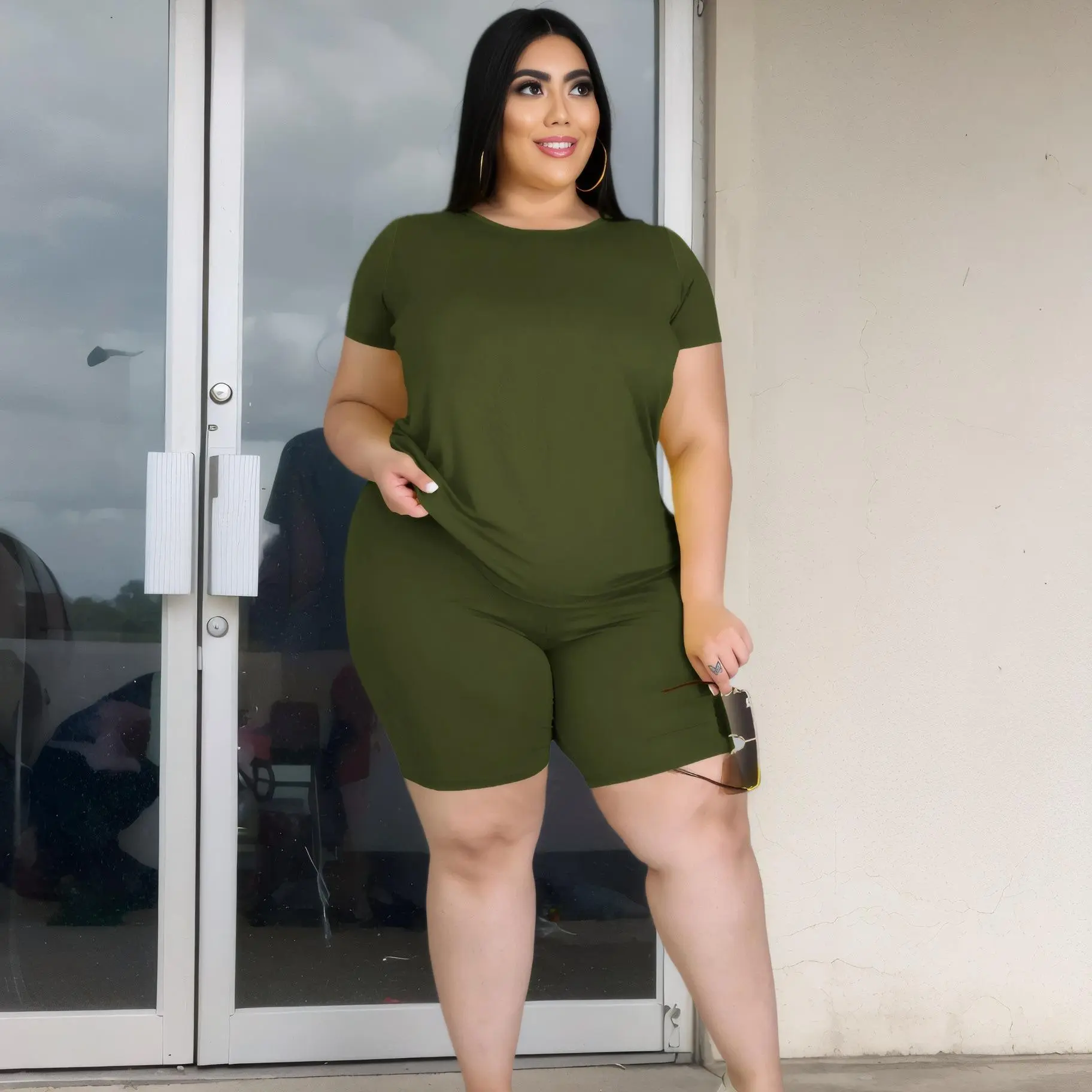 PLUS SIZE Women's Summer Slim Fit 2 Piece Set | Milk Silk Brushed Knit Print Top & Shorts for Curves