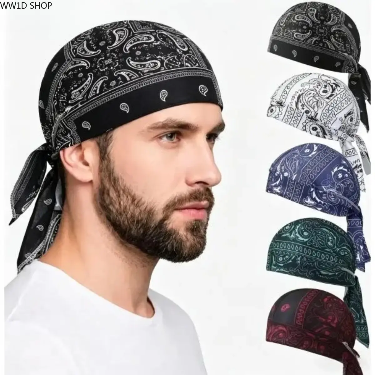 5-Pack Paisley Print Bandana Headwrap Set for Men and Women, Breathable Tie Back Skull Caps and Helmet Liners for Cycling and Outdoor Sports, Skull Cap, Runners