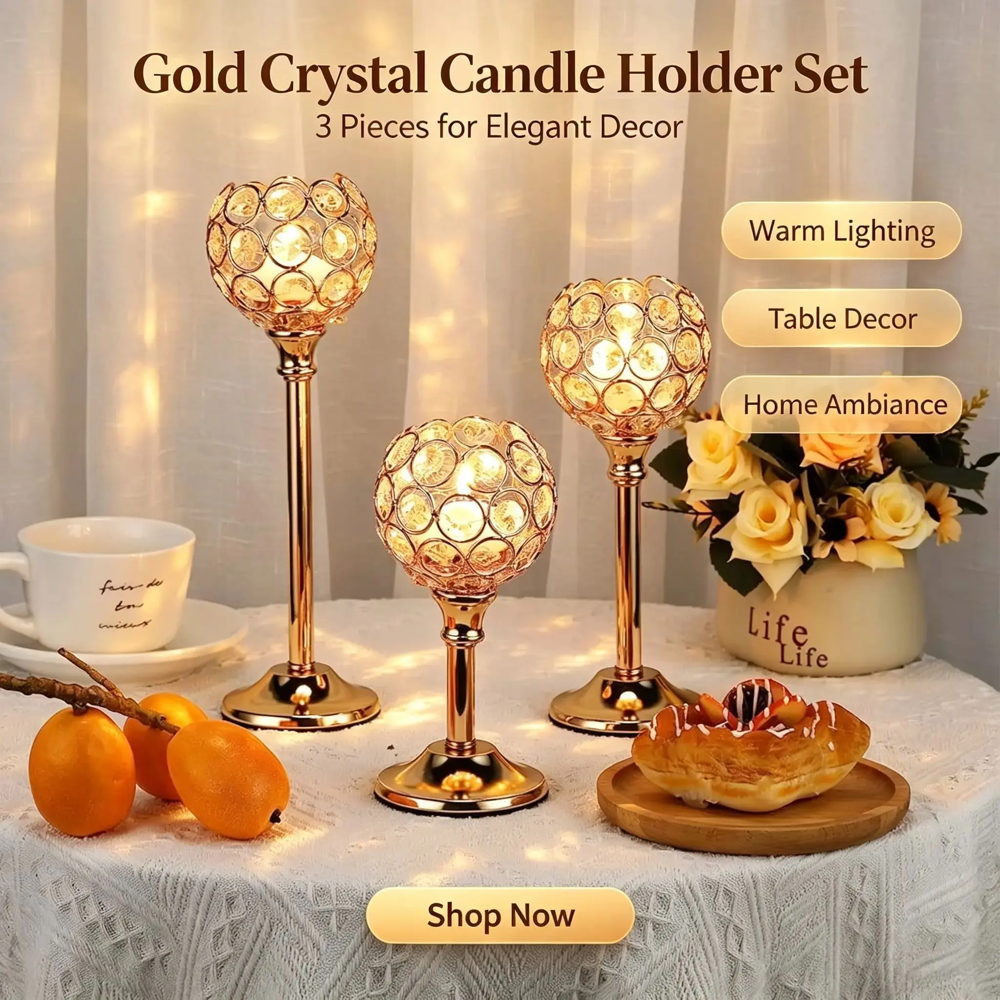 Set of 3 Crystal Metal Tealight Candlesticks, Bling Bowl Candelabras, Tall Crystal Votive Holders, Wedding Decor