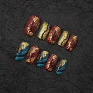 European and American style handmade false nails, cross-border red and gold maple leaf short square-round nails, autumn and winter atmosphere, detachable wearable nails, 24Pcs Short Round Nude Pink Handmade Soft Gel Press On Nails for Women Reusable Fake