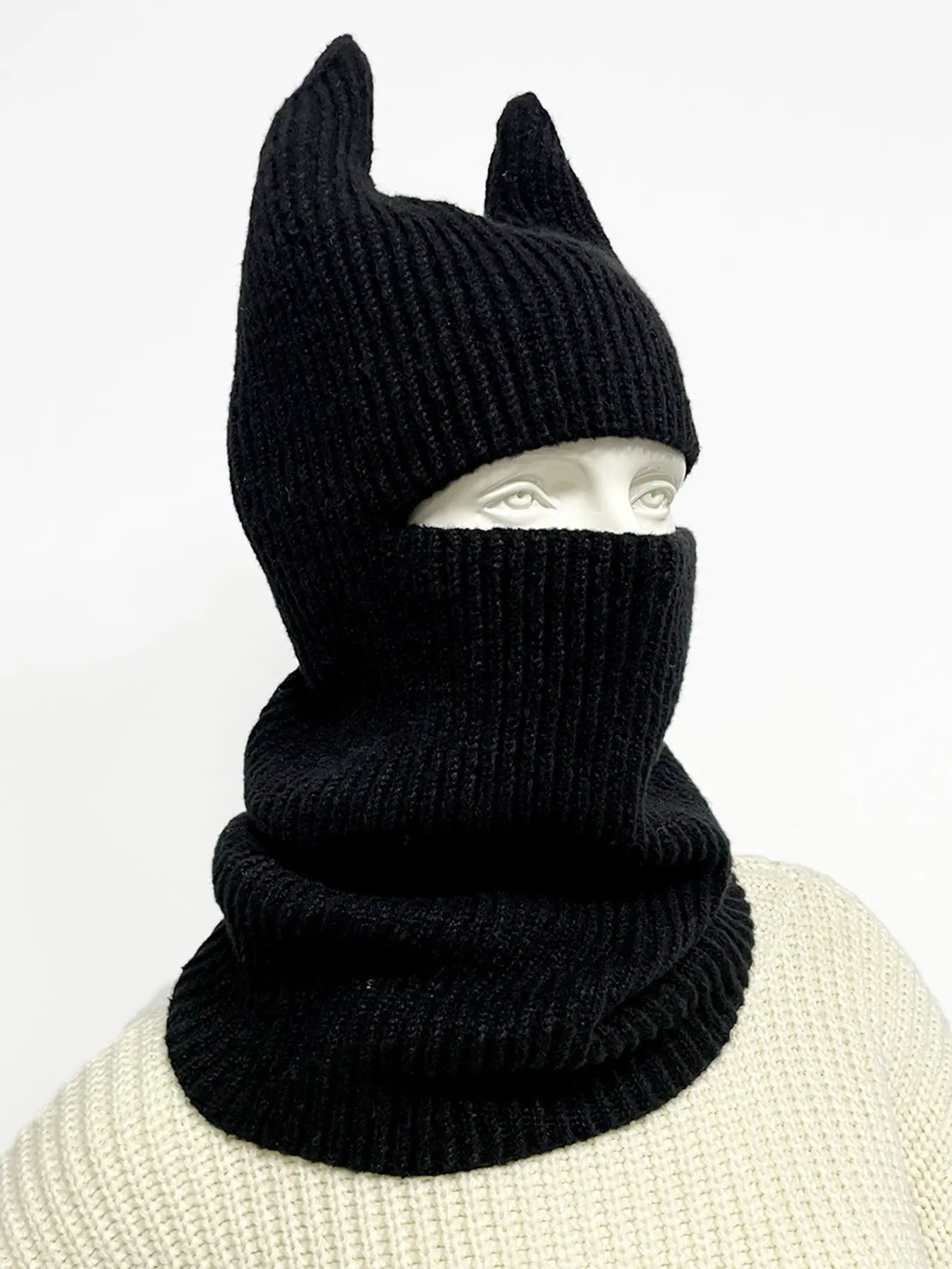Unisex Fall Winter Beanie Hat, Long Plain Color Demon Cap, Knit Wool Balaklava, Warm and Cozy, Casual Style, Loose-Fitting