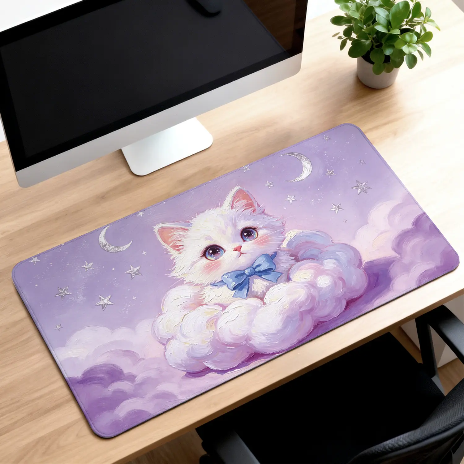 Premium White Cat With Blue Bow On Clouds High Quality Mouse Pad Modern Office Gaming Comfort Experience NonSlip Durable For Daily Work And Play 40*80cm 40*90cm30*70cm