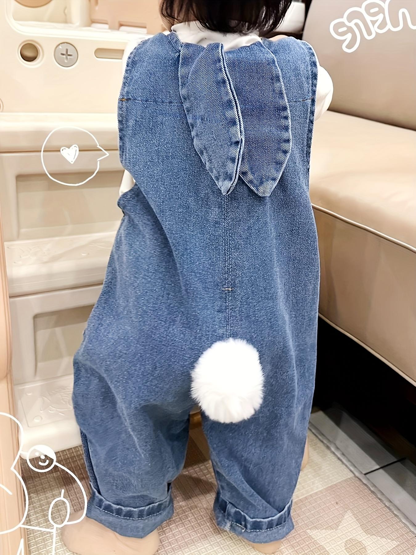Adorable Youth Light Blue Denim Overalls with Bunny Ear Detail - Casual Loose Fit, Suitable for Spring and Autumn, Machine Washable, Perfect for Outdoor Activities