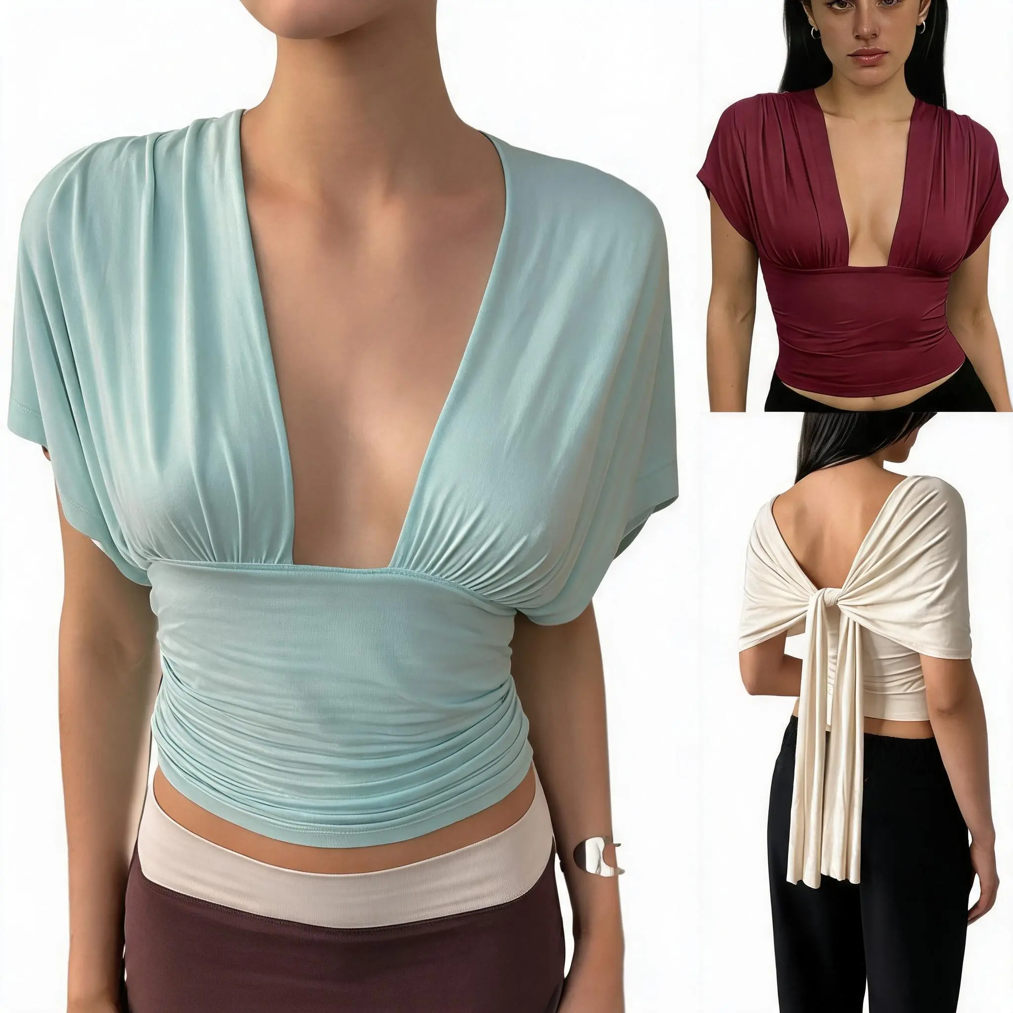Women Multiway Twist Tie Back Crop Top Solid Modal Knit Fabric Daily Outfit Deep V Dolman Sleeve Ruched Waist Convertible Y2K Going Out Blouse
