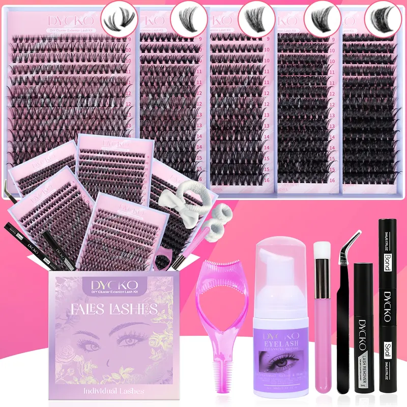 DYCKO 5-Pack Natural Lash Clusters Kit with Tools, DIY Eyelash Cluster, Natural Fluffy Eyelashes Set, Including Bond & Seal, Remover, Tweezers and Curler, Beginner-Friendly Lash Starter Gift Set for Girls' Birthday, Eye Makeup Tools