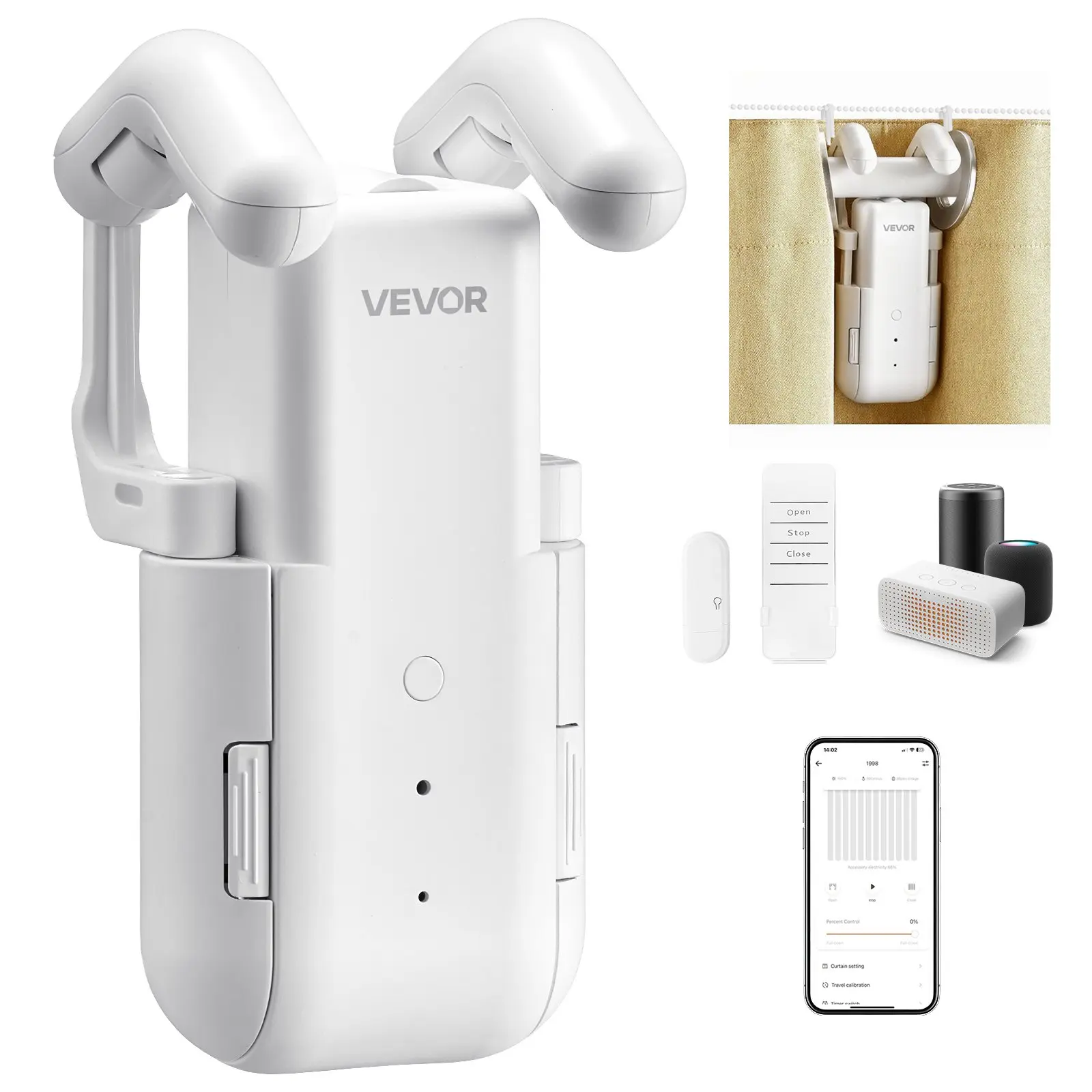 VEVOR Automatic Curtain Opener with Hub, App & Remote Control, Timed Control, Silent Mode, Alexa & Google Home Compatible, for Roman Rods