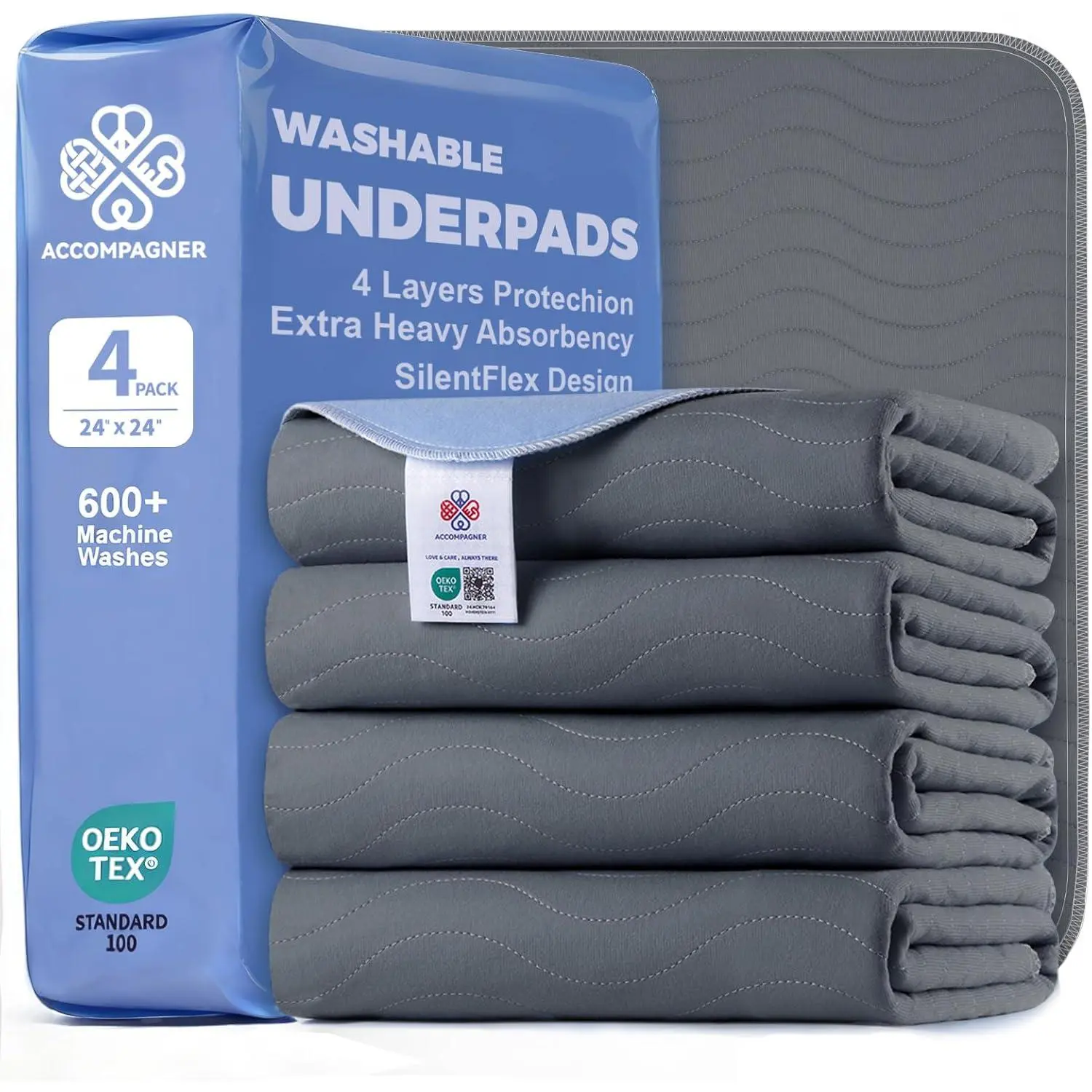Accompagner Incontinence Bed Pads Washable Waterproof,-Absorbent Reusable Underpads for Diaper Changing, Nursing, Bedridden, Adults, Seniors, Kids and Dogs (Dark Gray, 24"x24"(Pack of 4))