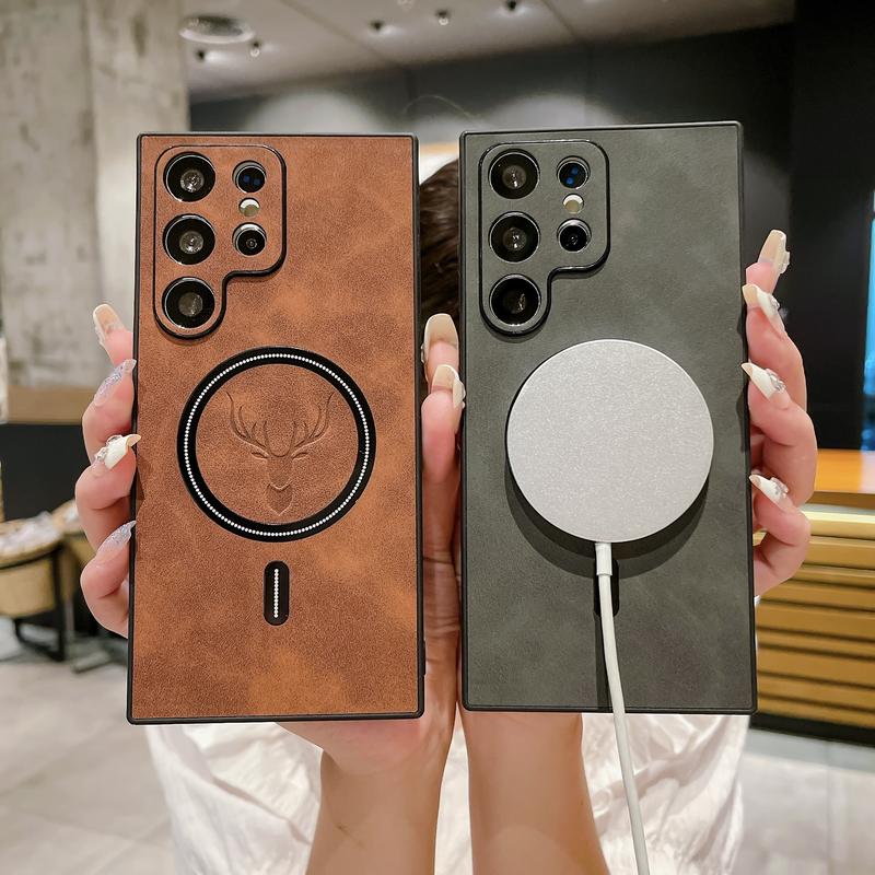 [Free!!Ship!] MagSafe Classic Matte PU Leather Case For Samsung Galaxy S25 Ultra S24 S23 S22 S21 S20 Fawn Pattern Shockproof Phone Cover