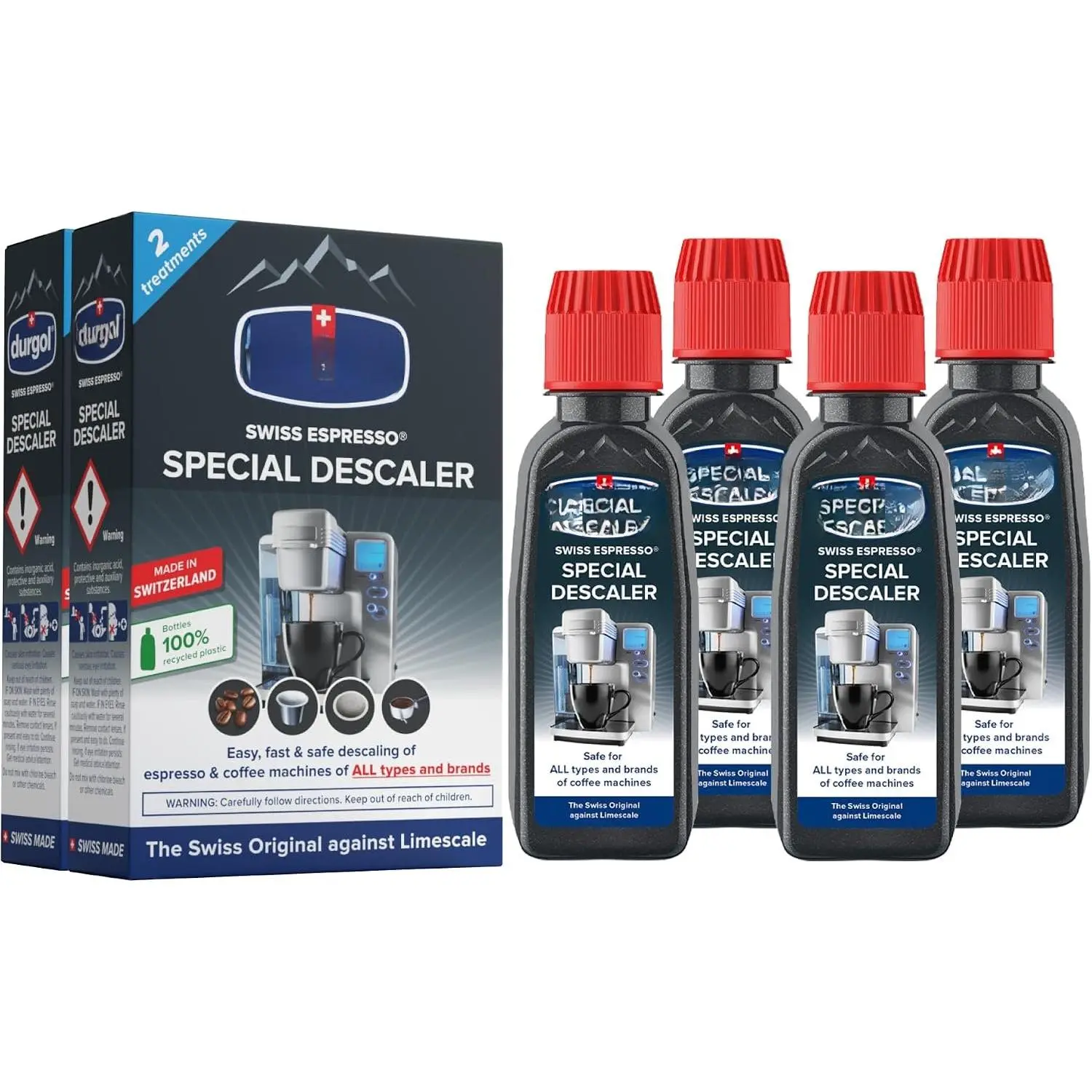 Swiss Espresso, Descaler and Decalcifier for  Brands of Espresso Machines and Coffee Makers, 4.2 Fluid Ounces (Pack of 4)