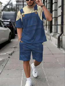 Men's Denim Bib Pants Set, Funny Visual Illusion Short Sleeve Top + Matching Drawstring Shorts, Casual Two-Piece