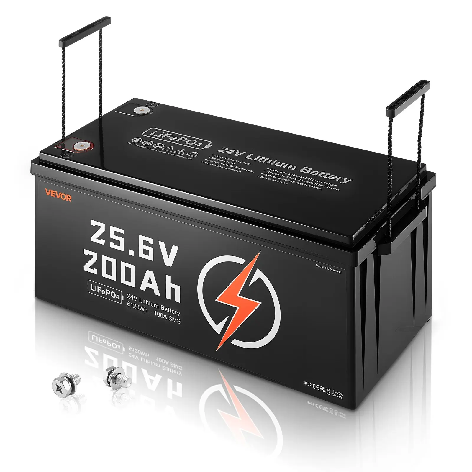 VEVOR 24V 200Ah LiFePO4 Deep Cycle Lithium Battery, 5120Wh Compact Batteries, Built-in 100A BMS, 100A Max Discharge, 29.2-20V DC, Low Temp Protection, 4000+ Cycles, Plastic Casing for Camping RVs, Golf Carts, Solar Powered