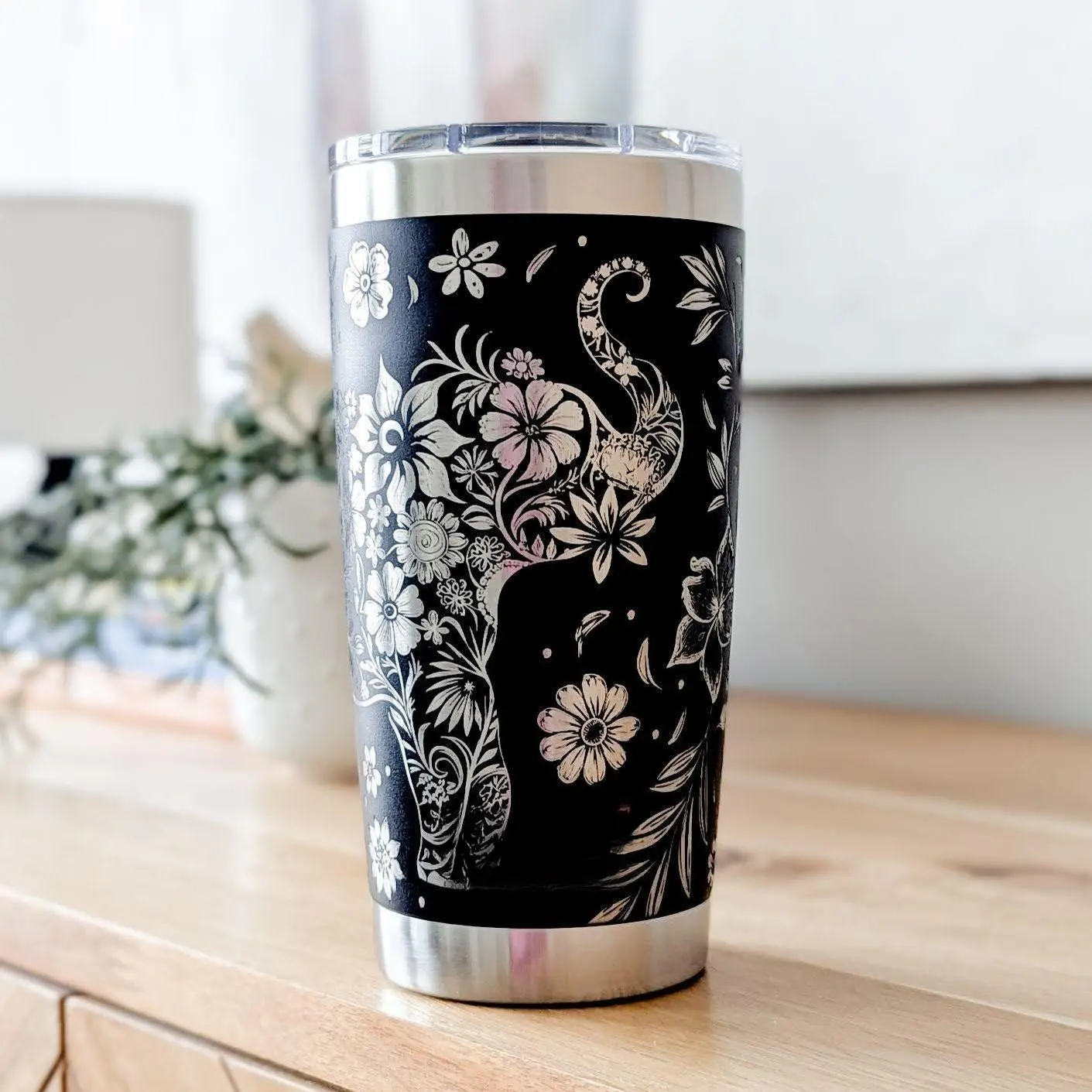 Elephant  Tumbler Personalized Floral Animal Gift Engraved 20oz Stainless Steel Travel Mug