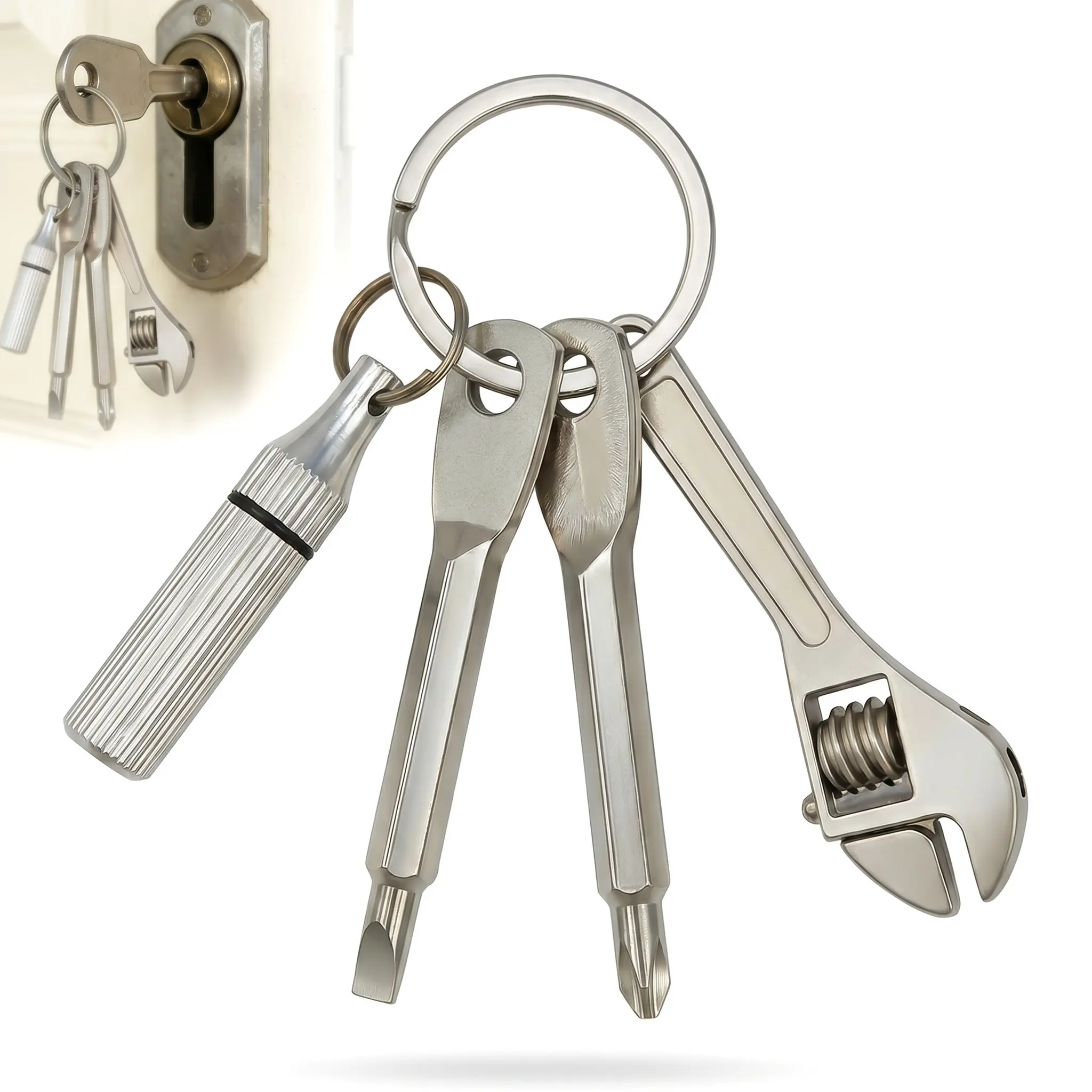 Everyday Essential 4 In 1 Pocket Mini Tool Keychain EDC Repair Tools Letter Opener Screwdriver Copper Pocket Wrench Metal Spanner Key Ring Pendant Gift Outdoor Camping Bicycle Motorcycle Multifunctional Kit