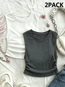 🔥2-piece set Y2K side-pleated cropped vest | Tie-dye/leopard print/camouflage & solid sleeveless vest, soft and stretchy fitted cropped vest, stylish basic summer top for outings, multiple print options, a must-have for women's everyday street casual wea