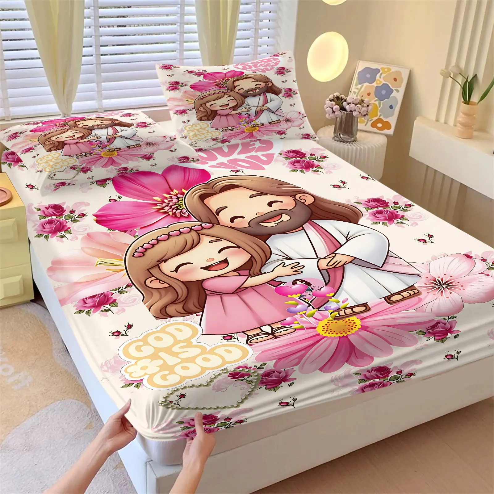 3PCS Floral Cartoon God & Girl Hug Fitted Sheet Set (1 Fitted Sheet + 2 Pillowcases),Soft Breathable Fabric,Deep Pocket Anti-Slip Design,HD Digital Print,Breathable Sheets,Sweet Healing All Season Bedding Bedsheet Sets