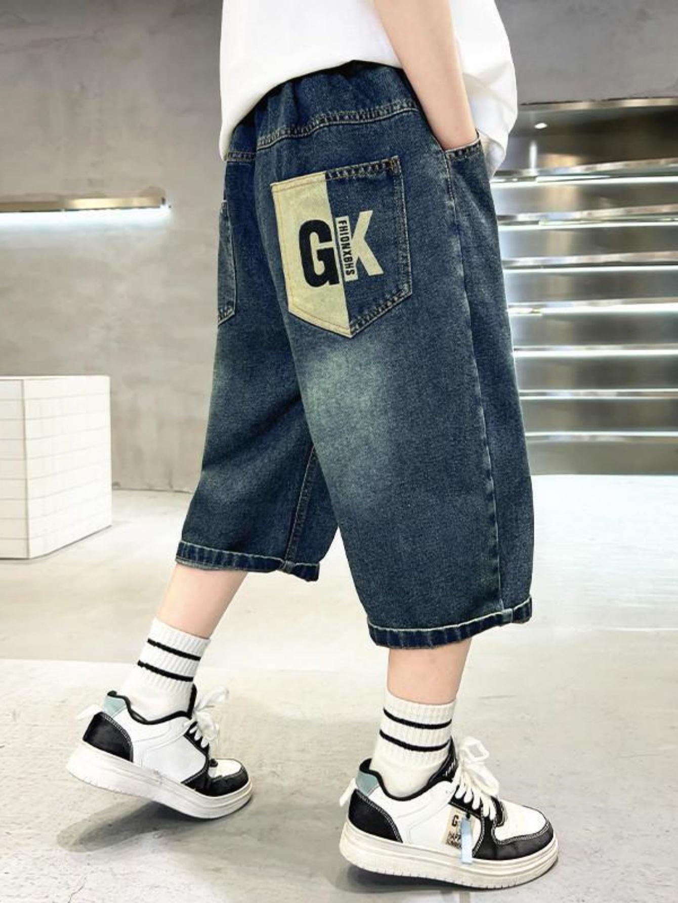 NewBoys' Faux Denim Pants, a Valentine'S Gift, Enhance Body Shape, Comfortable And Stylish Cropped Pants, Versatile for Summer, Casual Sporty Style, Suitable for Various Looks