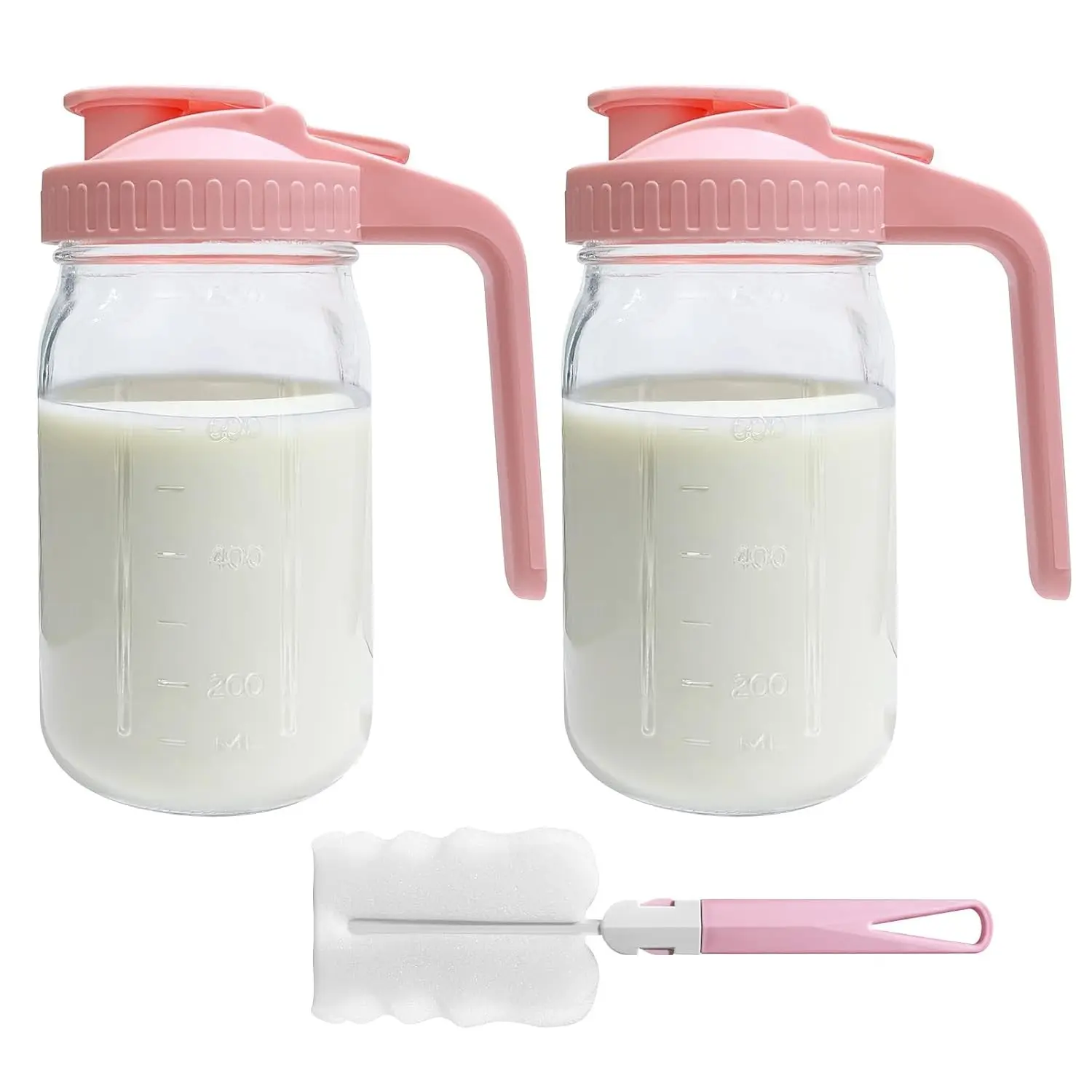 2 Pack 32 oz Glass Breast Milk Pitchers with Lids, Leak-Proof Wide-Mouth Mason Jars for Breastmilk, Heat/Cold Resistant, Freezer Safe, Pink(Gift)