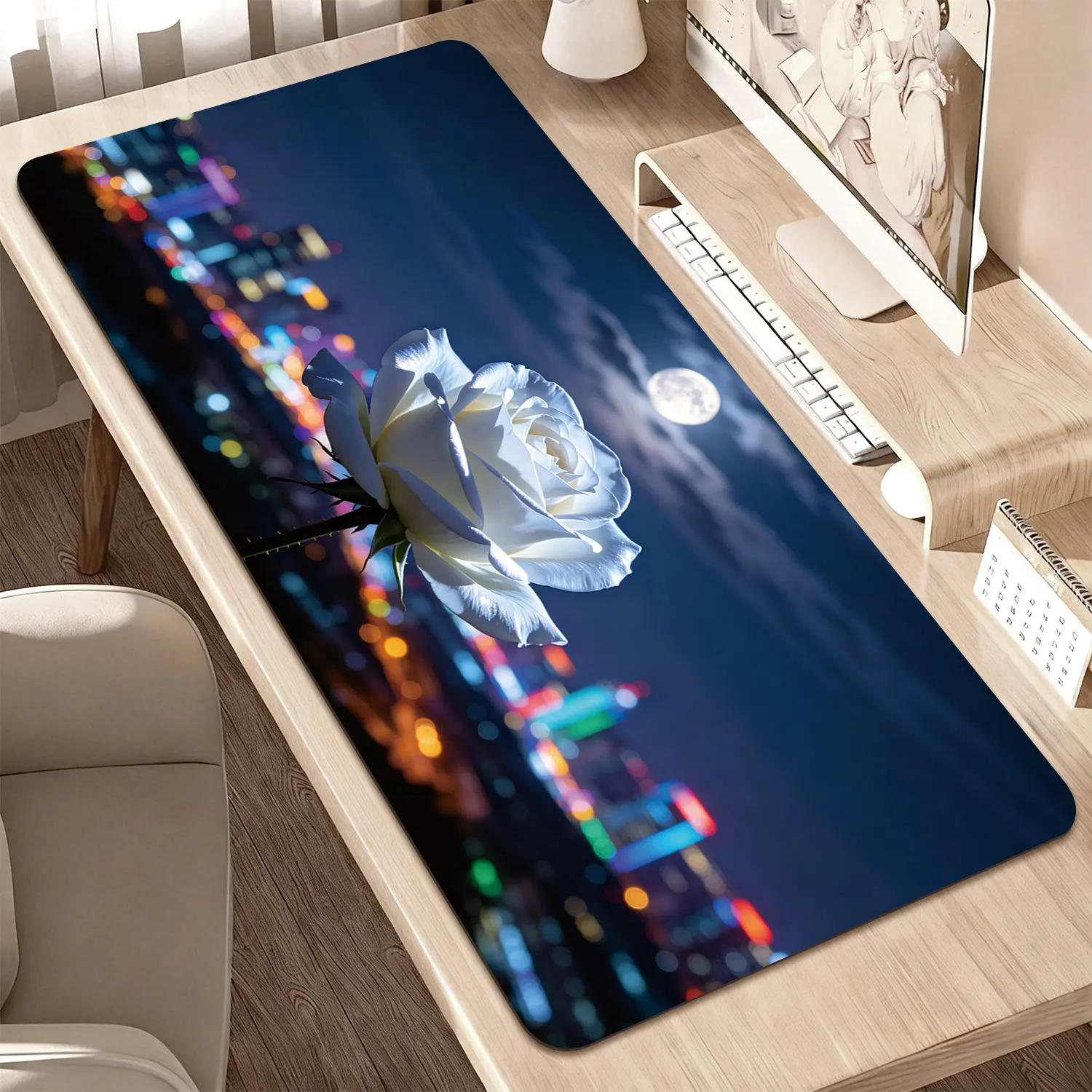 Premium White Rose Under Moonlight Cityscape High Quality Mouse Pad Modern Office Gaming Comfort Experience NonSlip 40*80cm 70*90cm30*70cm