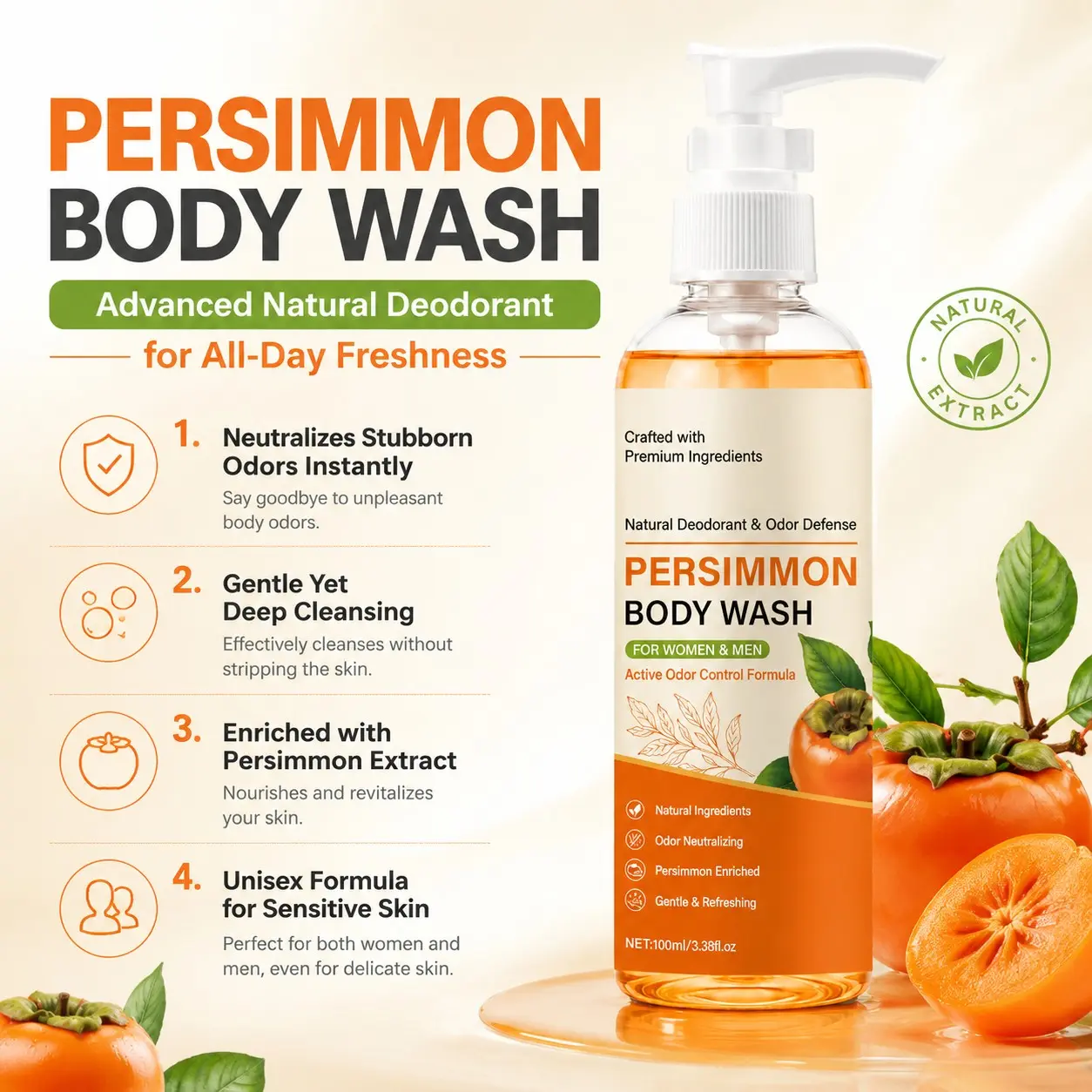 Persimmon Body Wash for Old People Smell, Natural Deodorant Bar Soap for Strong Odor Smelly Feet Remove, Cleansing Body Deodorizing with Persimmon & Green Tea Extracts, 3.38 fl.oz