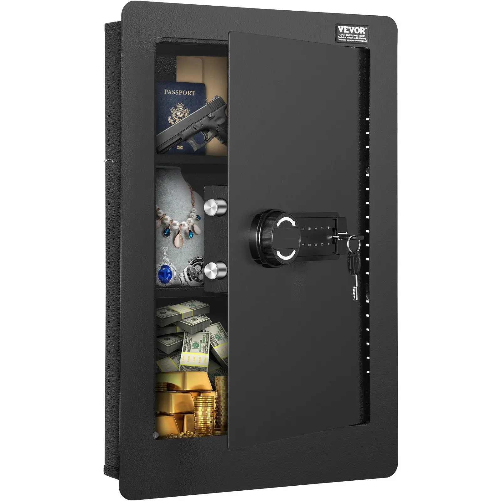 【DealsForYouDays】VEVOR 25.59" Tall Wall Safe, 3-Tier Hidden Wall Safe with Keypad, 3 Removable Shelves 6 Key Holders, Q235 Cold-Rolled Steel In Wall Safe with LED Light Vibration Alarm for Money, Jewelry, Passport